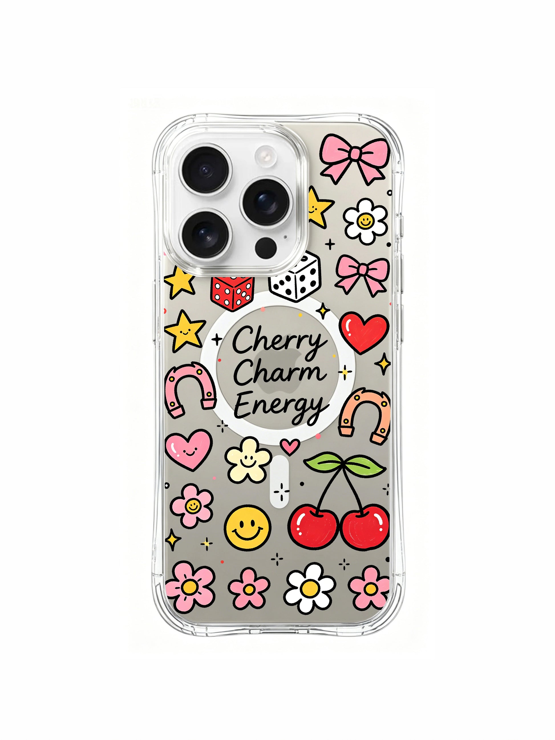 PhoneCasing iPhone 16 pro max long-lasting anti-yellowing case with vibrant "Cherry Charm Energy" doodles in red, pink, and yellow hues.