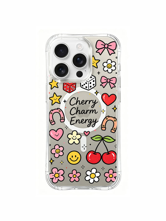 PhoneCasing iPhone 16 pro max long-lasting anti-yellowing case with vibrant "Cherry Charm Energy" doodles in red, pink, and yellow hues.