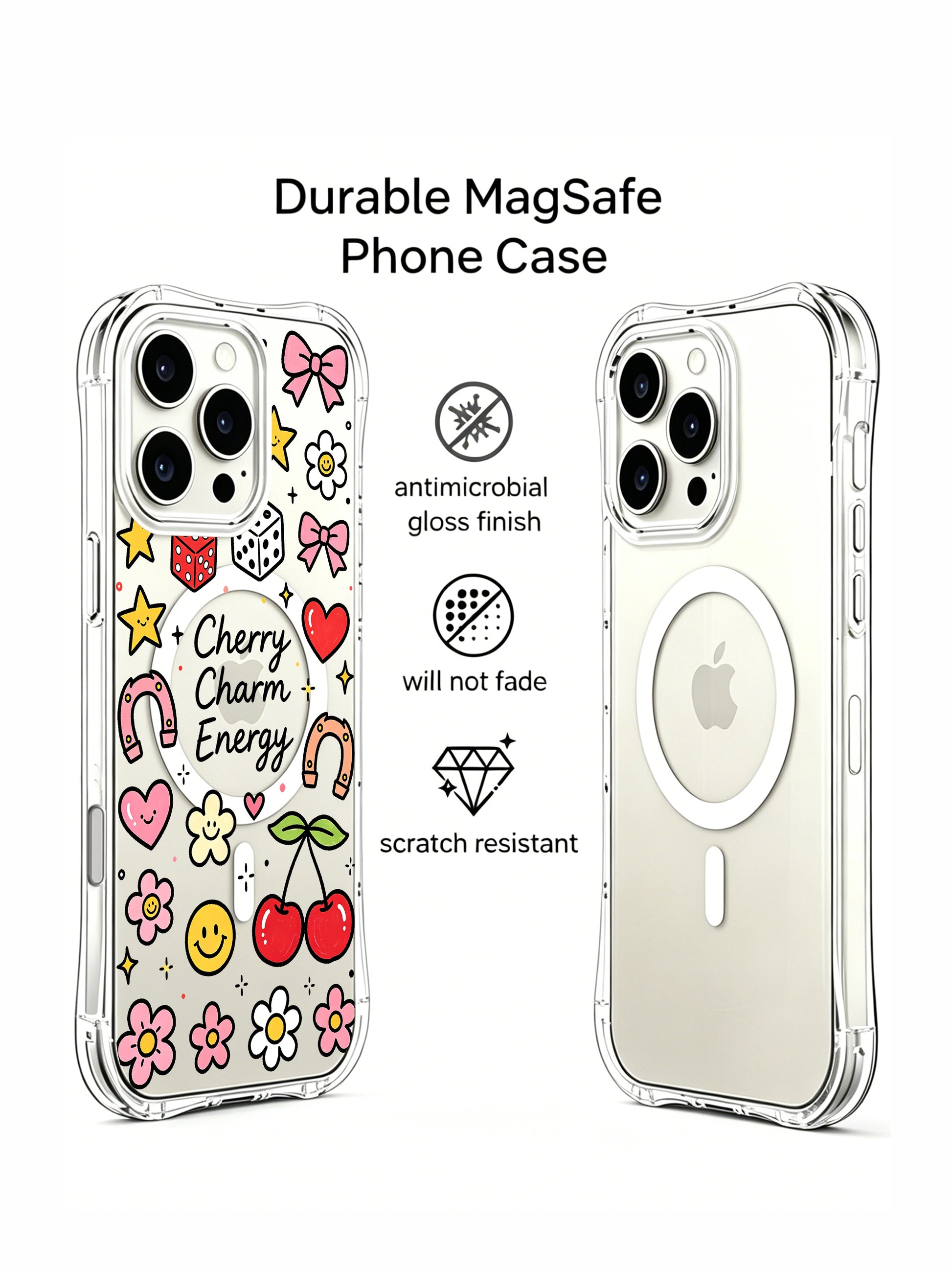 PhoneCasing iPhone 16 pro max daily drop-protective case in use, showing the "Cherry Charm Energy" design from different angles.