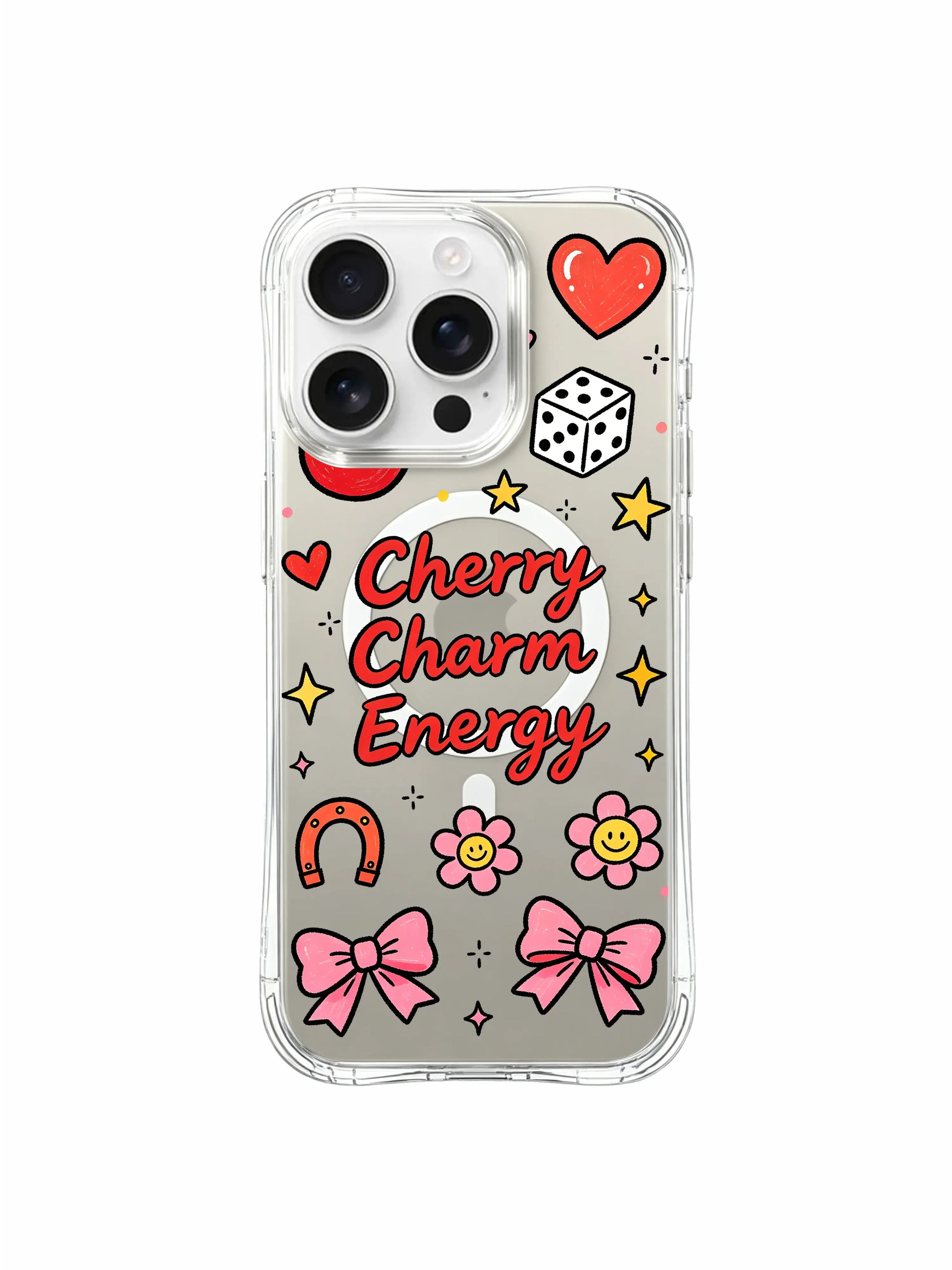 PhoneCasing iPhone 16 pro max transparent case with dice and star doodles, part of the "Cherry Charm Energy" design, ideal for daily use.