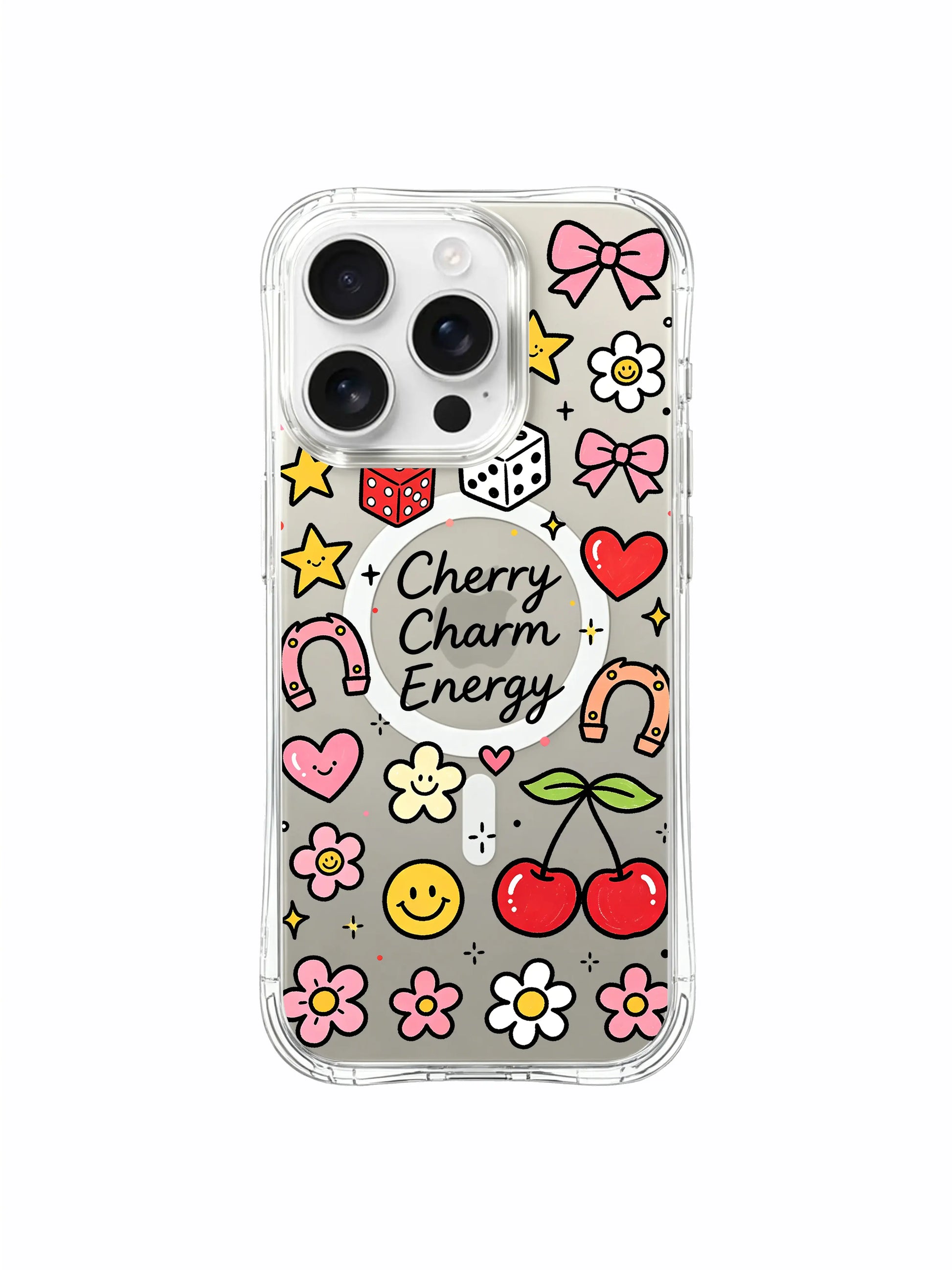 PhoneCasing iPhone 16 pro max case undergoing drop test, demonstrating reinforced corners with the cherry charm design still intact.