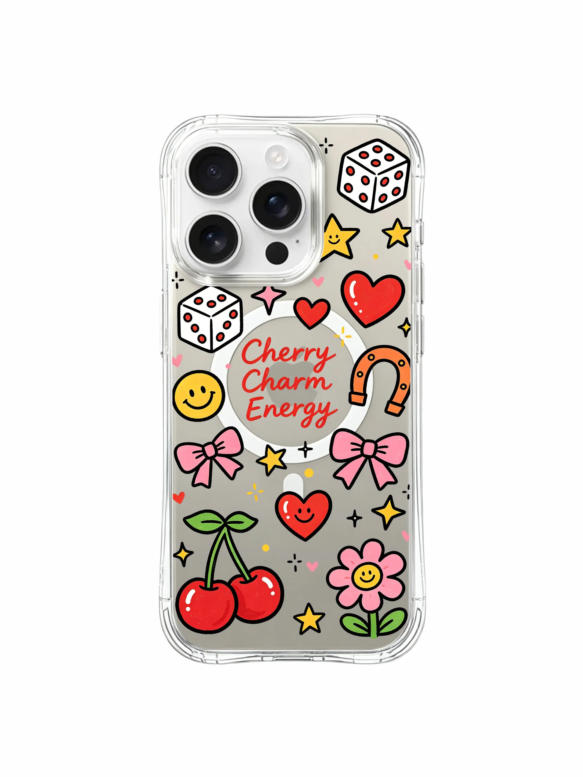 PhoneCasing iPhone 16 pro max case front and back view, highlighting the "Cherry Charm Energy" print and scratch-resistant finish.