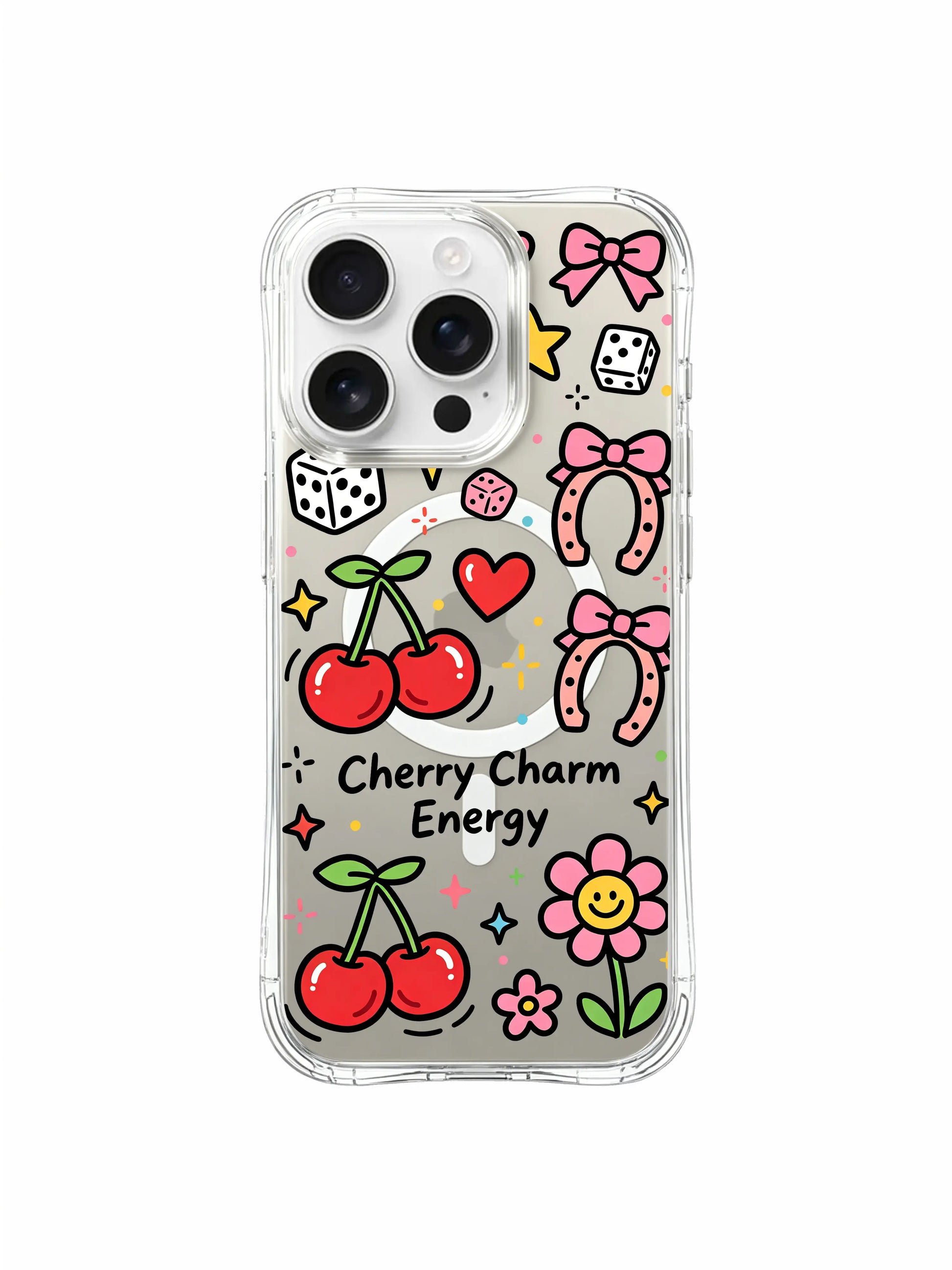 PhoneCasing iPhone 16 pro max anti-yellowing clear case featuring colorful cherry, flower, and bow doodles from the "Cherry Charm Energy" collection