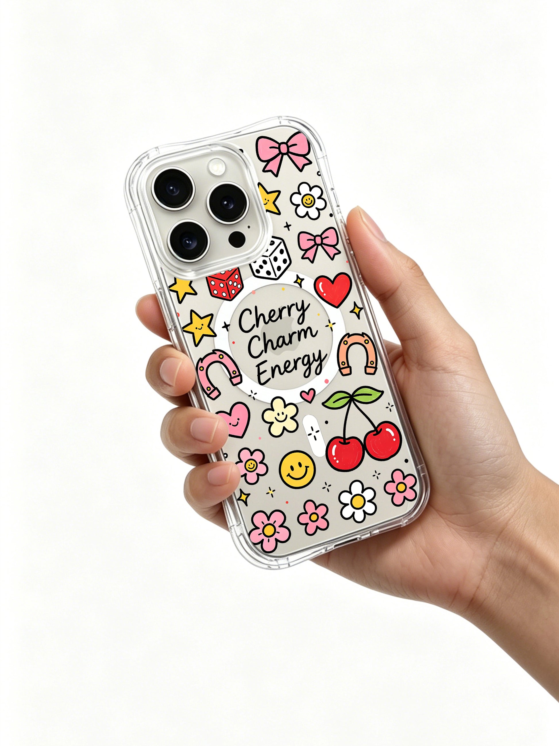 PhoneCasing iPhone 16 pro max gift-ready MagSafe case with the "Cherry Charm Energy" design, perfect for anyone who loves whimsical charm art.