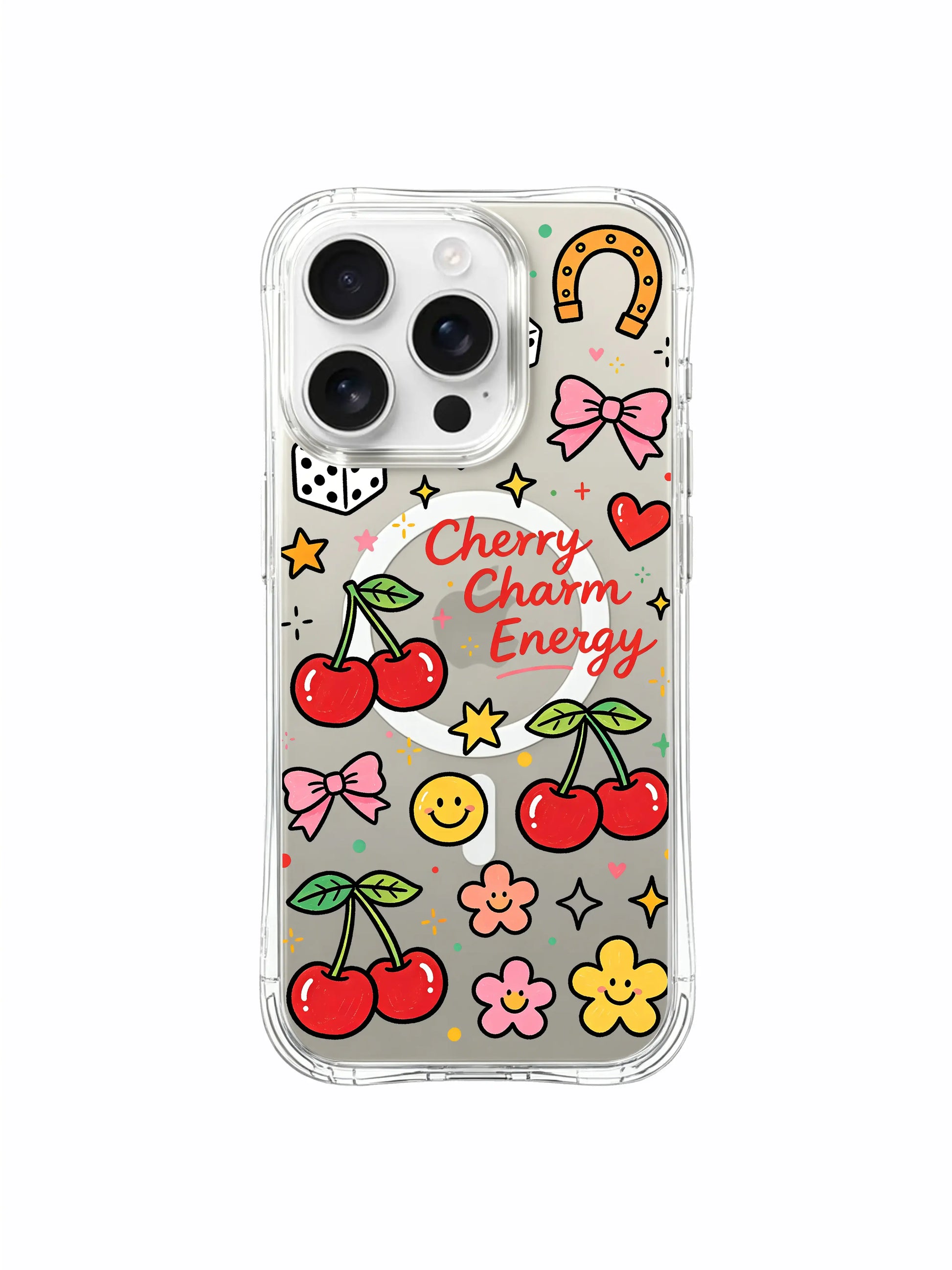 PhoneCasing iPhone 16 pro max case being held in a hand, showing the full "Cherry Charm Energy" design against a neutral background.