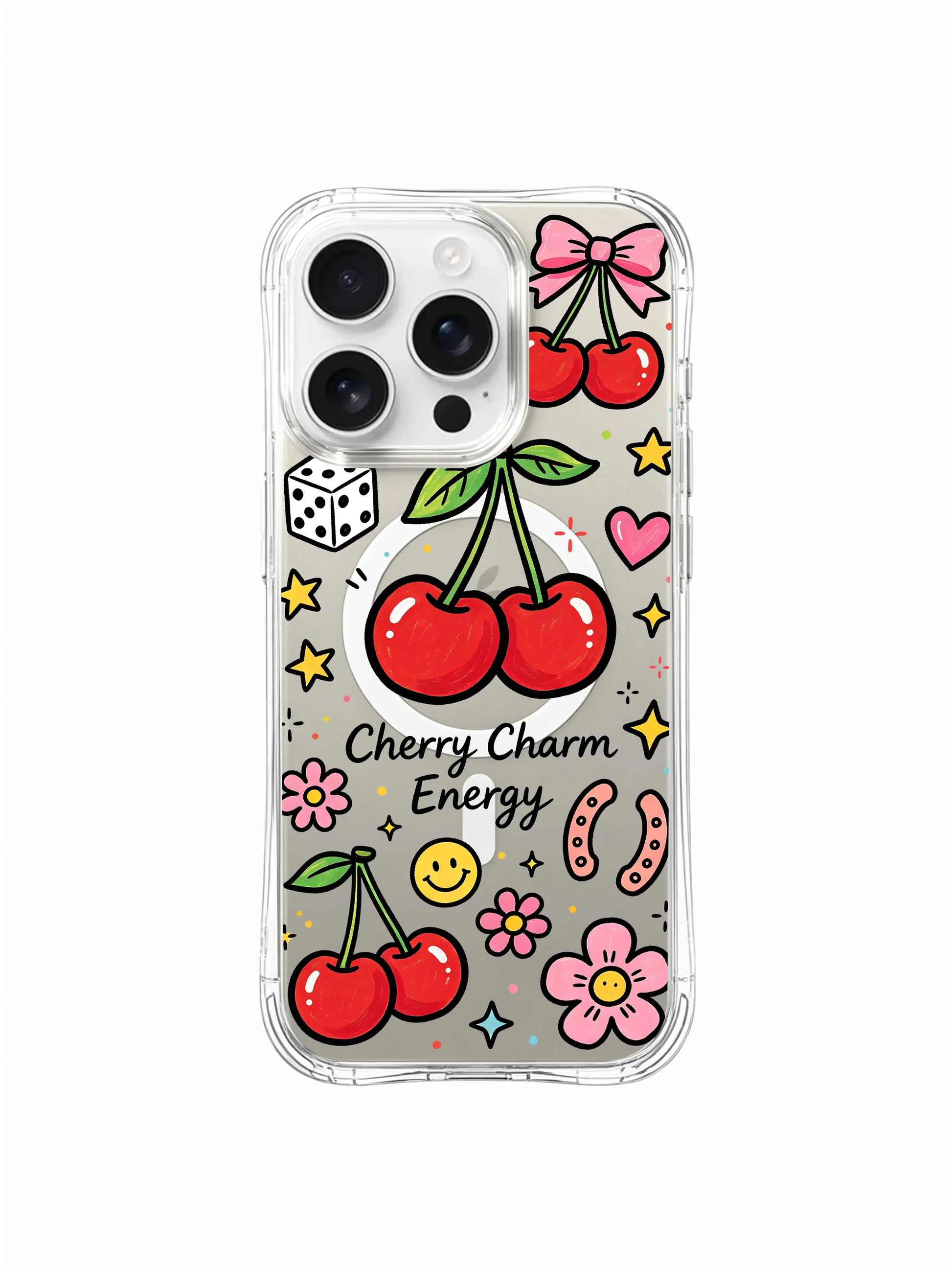PhoneCasing iPhone 16 pro max drop-proof MagSafe case with heart and cherry doodles from the "Cherry Charm Energy" design, perfect for charm lovers
