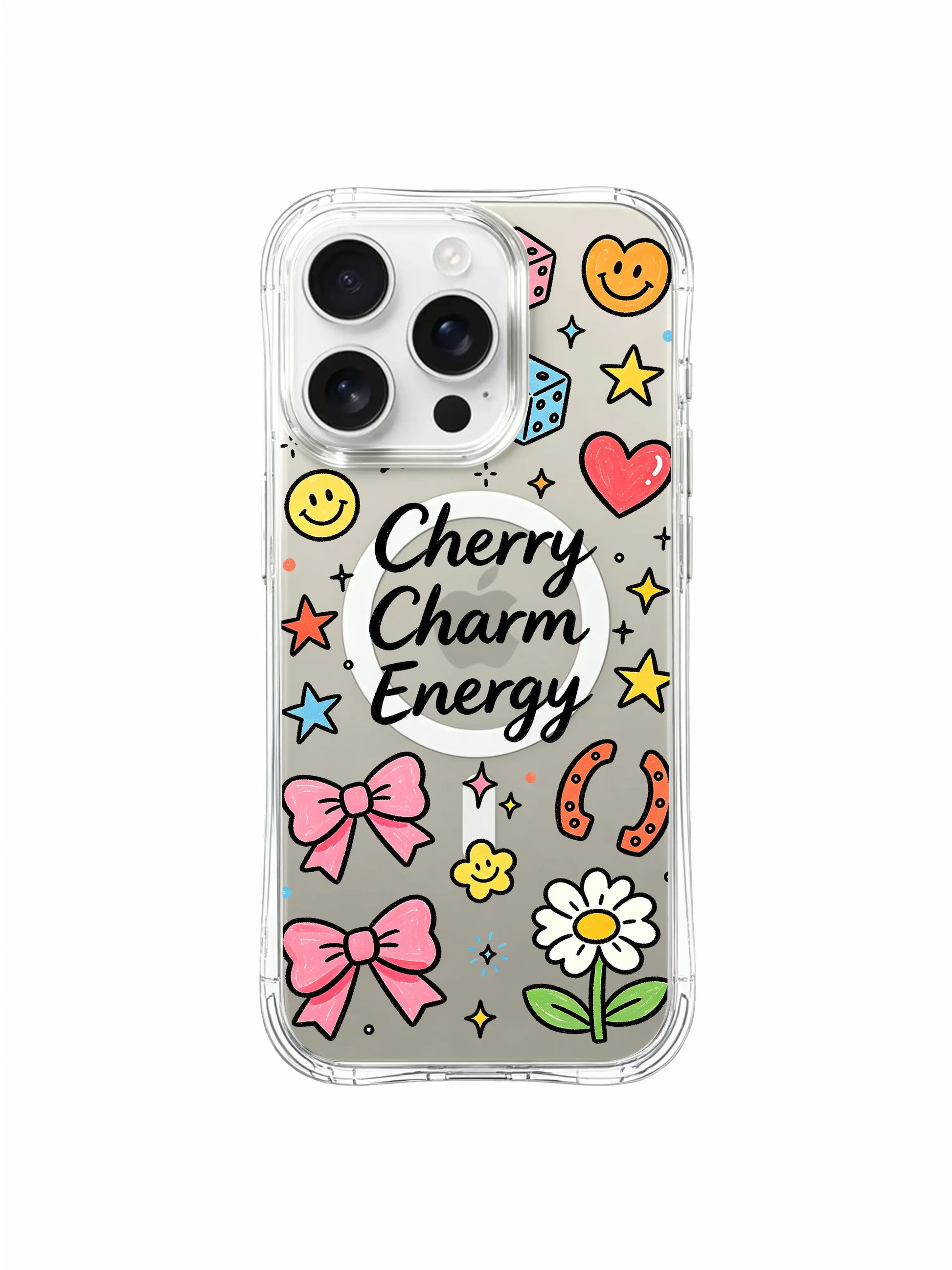 PhoneCasing iPhone 16 pro max scratch-resistant protective case with horseshoe and star elements of the "Cherry Charm Energy" design.
