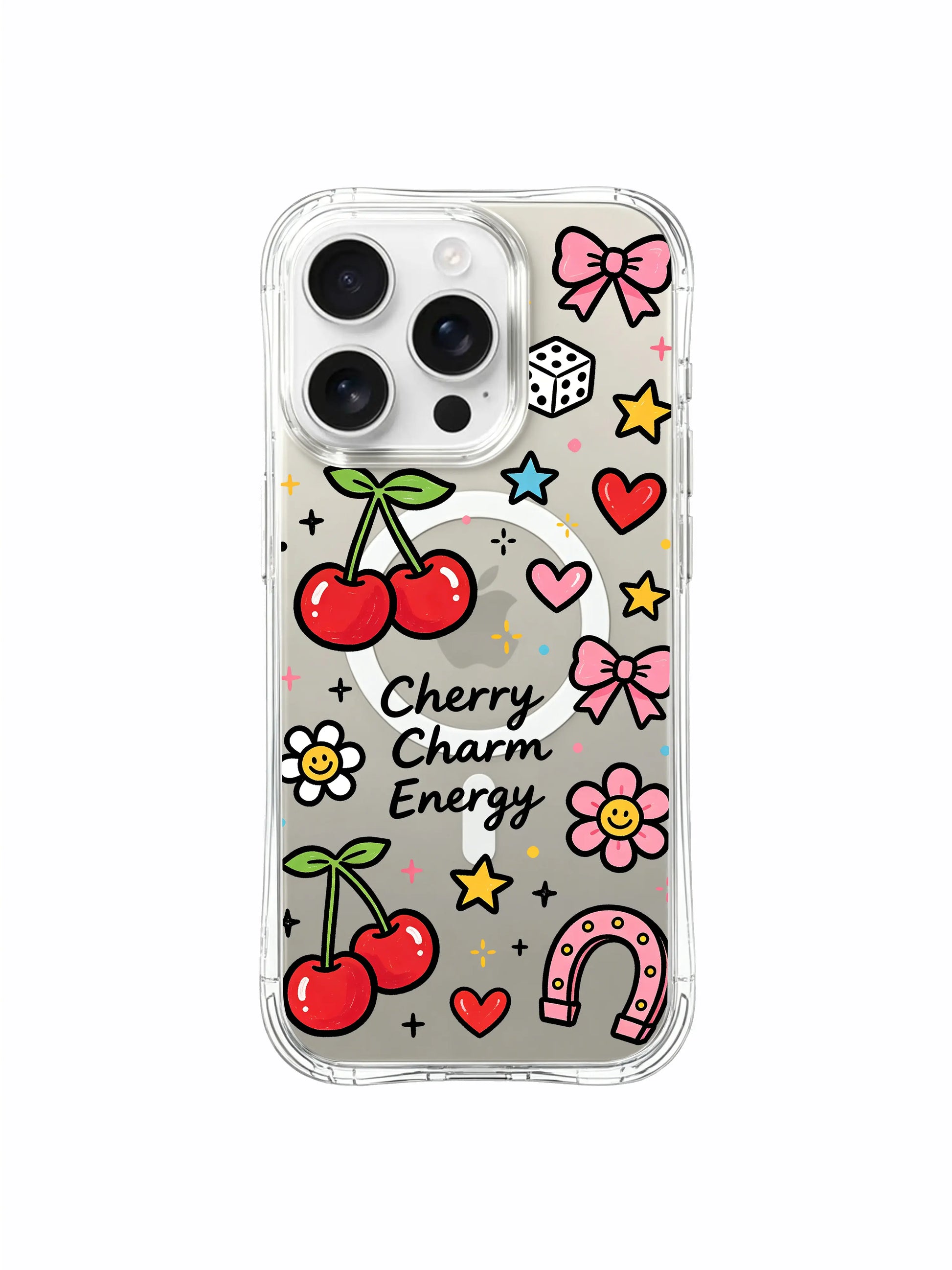 PhoneCasing iPhone 16 pro max MagSafe case featuring the "Cherry Charm Energy" design, with vibrant cherry, heart, horseshoe, and dice doodles, plus anti-drop protection.