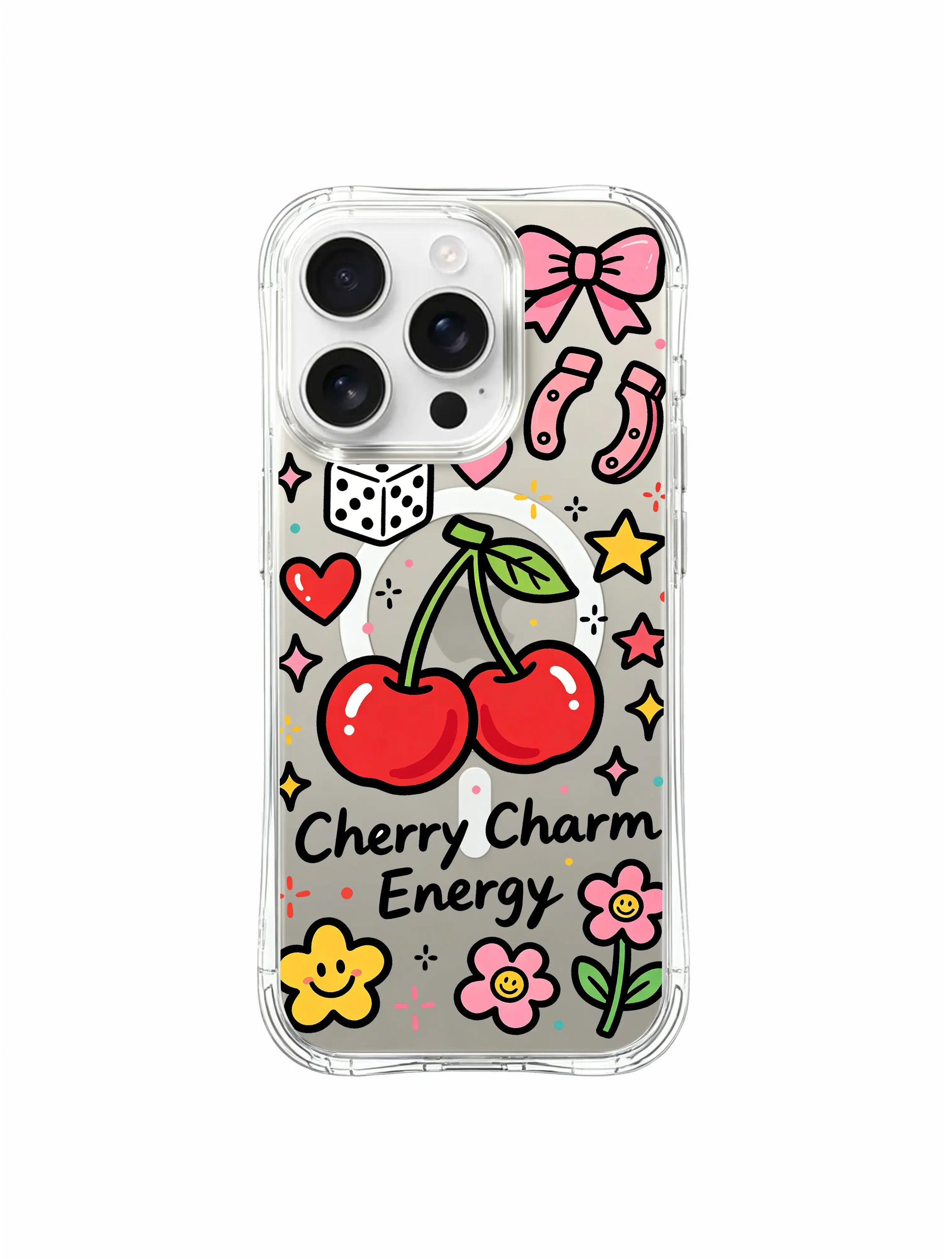 PhoneCasing iPhone 16 pro max case in an outdoor lifestyle shot, showing the cherry charm design being used by a person.