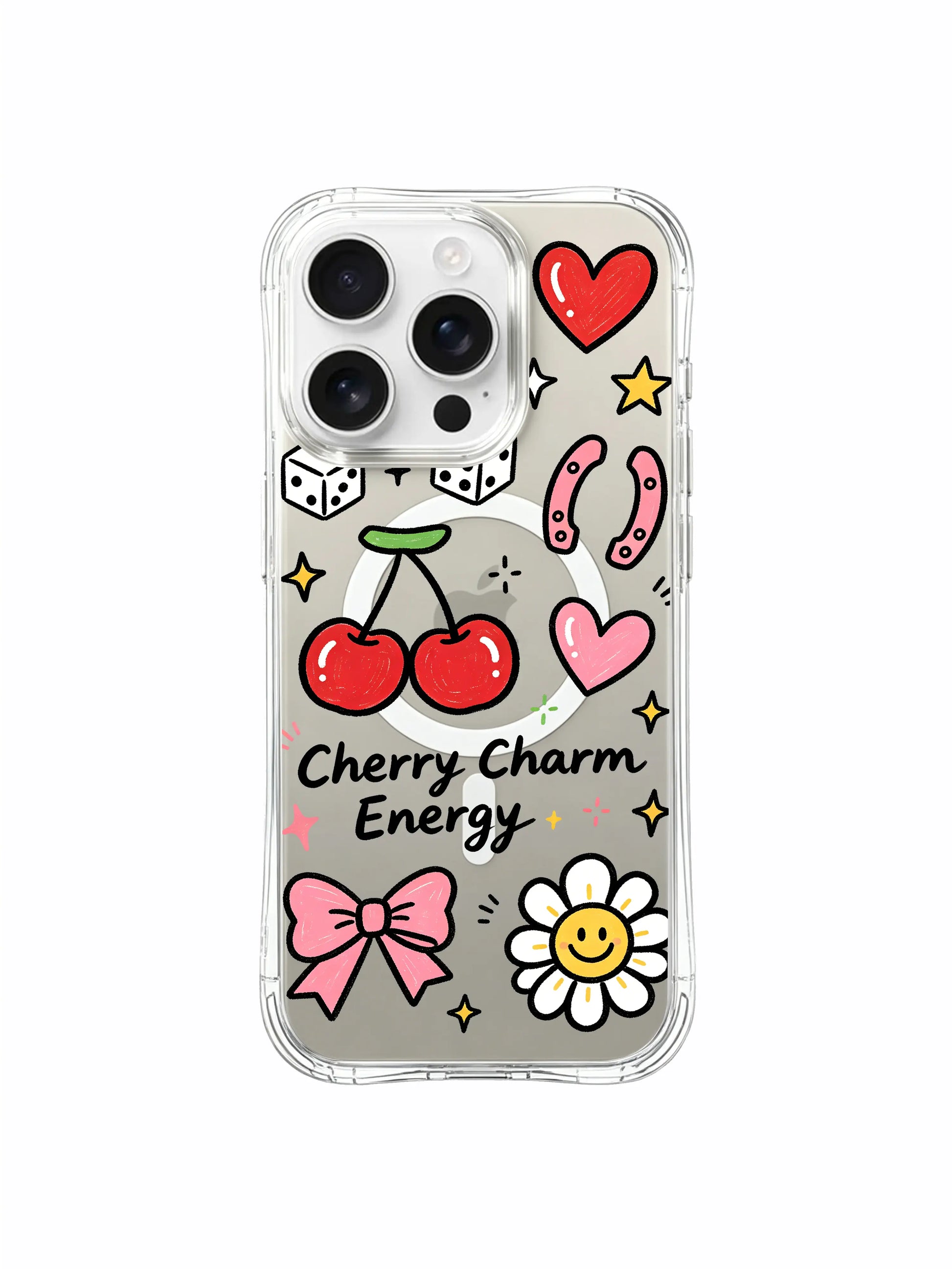 PhoneCasing iPhone 16 pro max MagSafe case showing magnetic alignment with the cherry-themed doodle art and clear protective edges.