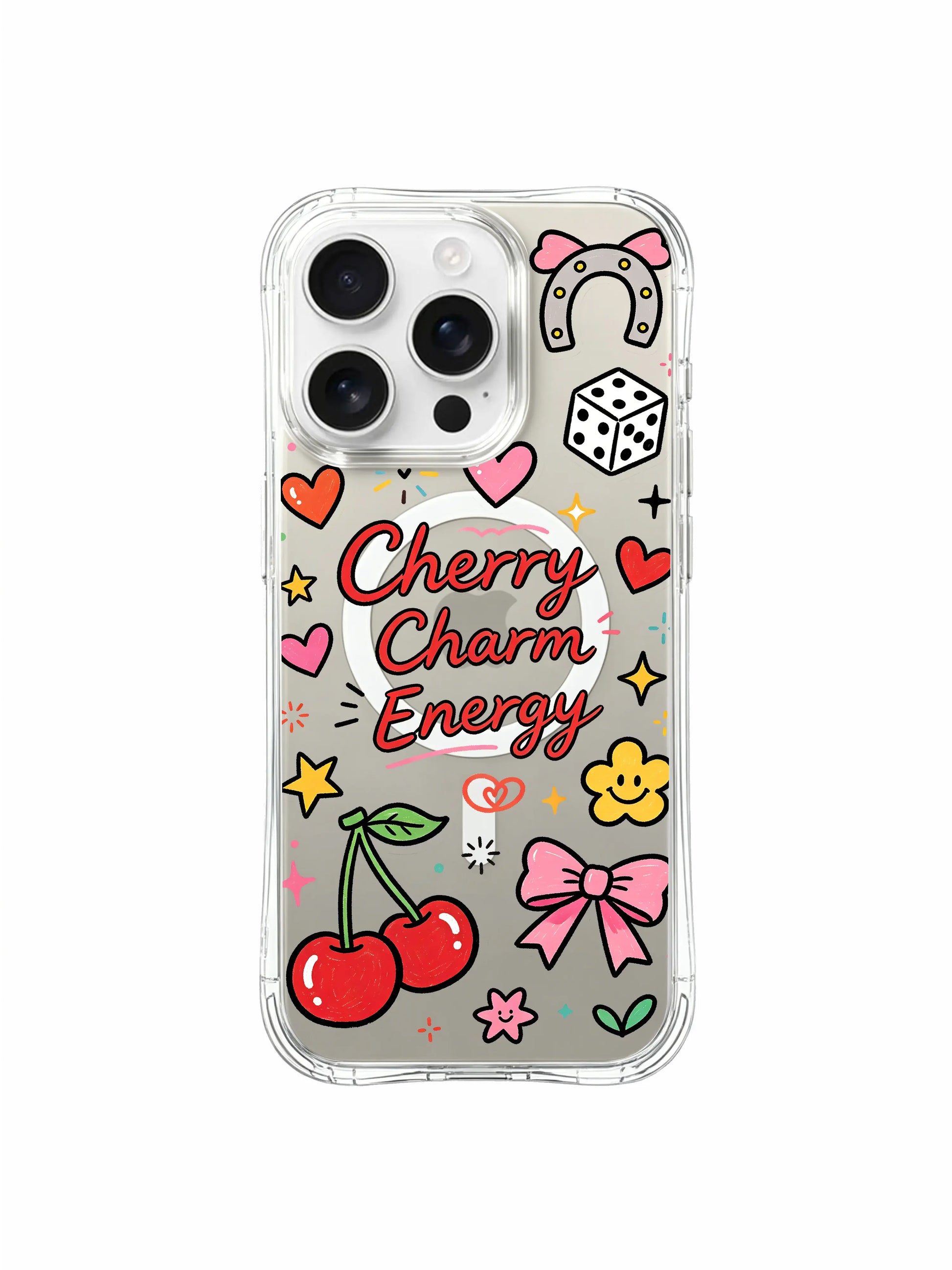 PhoneCasing iPhone 16 pro max clear MagSafe case showing the reflective surface with the "Cherry Charm Energy" design mirrored on the back.