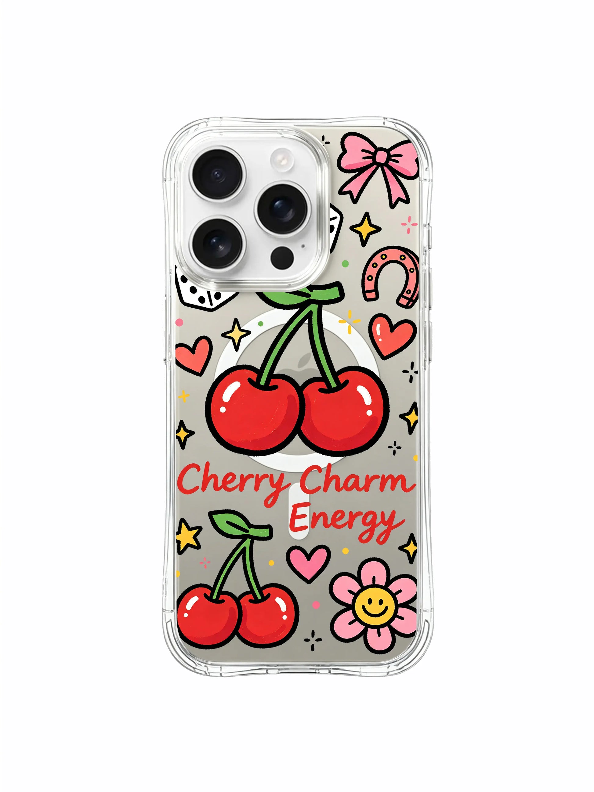 PhoneCasing iPhone 16 pro max shock-absorbent case showcasing the four-corner anti-drop protection with the "Cherry Charm Energy" print.