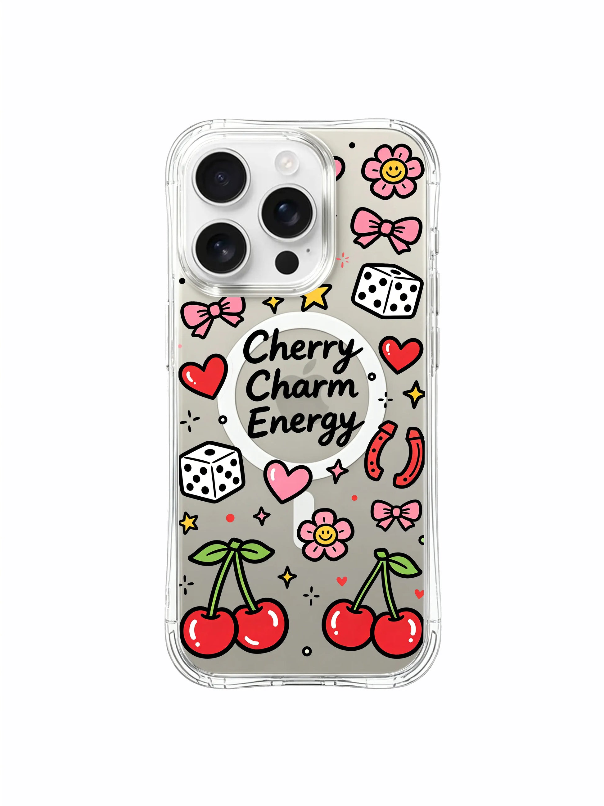 PhoneCasing iPhone 16 pro max slim ergonomic case with the full "Cherry Charm Energy" collage of cherries, hearts, flowers, and lucky symbols.