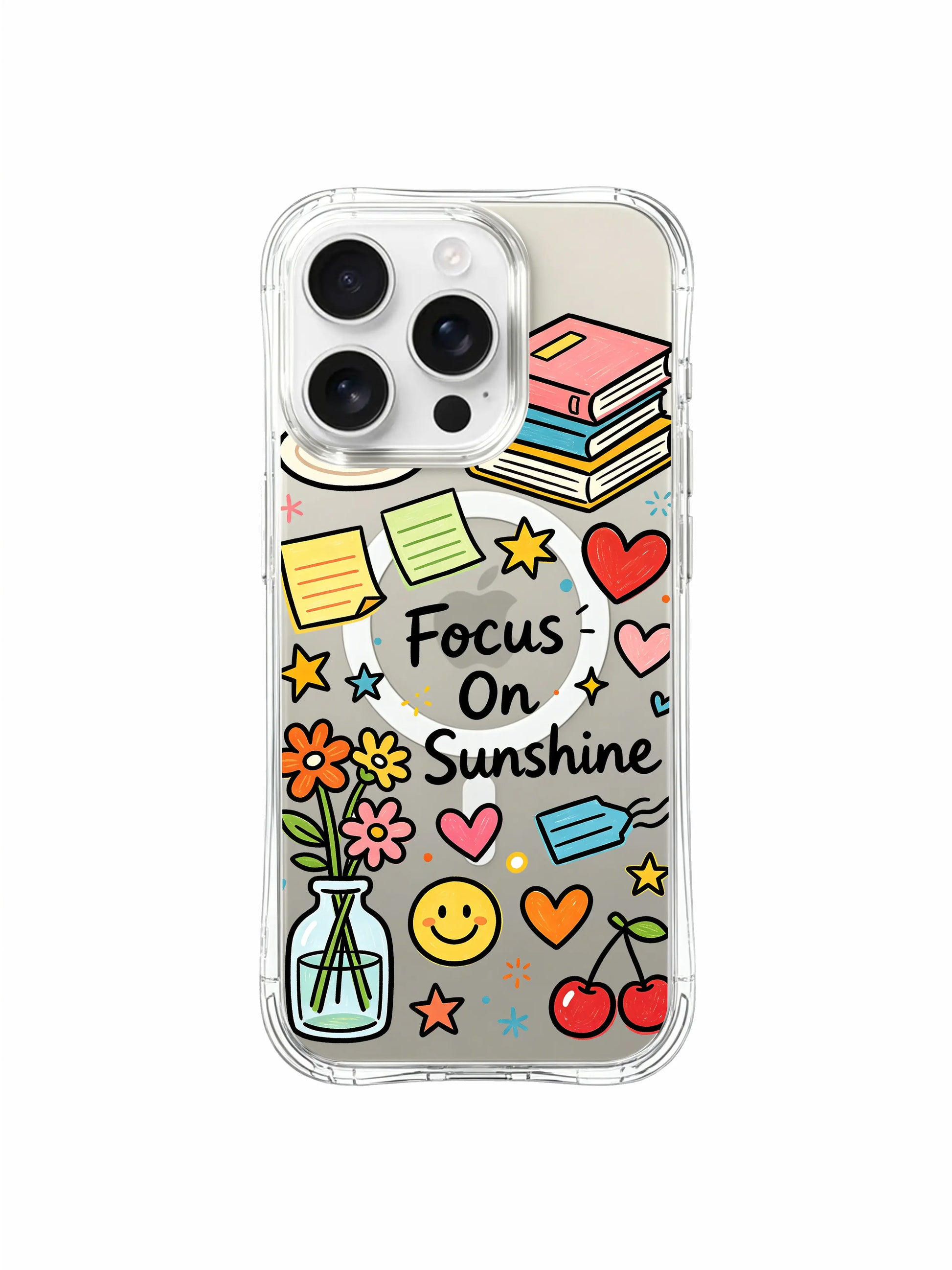 PhoneCasing iPhone 16 pro max scratch-proof case with cherry motifs, heart accents, book stacks and cheerful sun-inspired artwork.