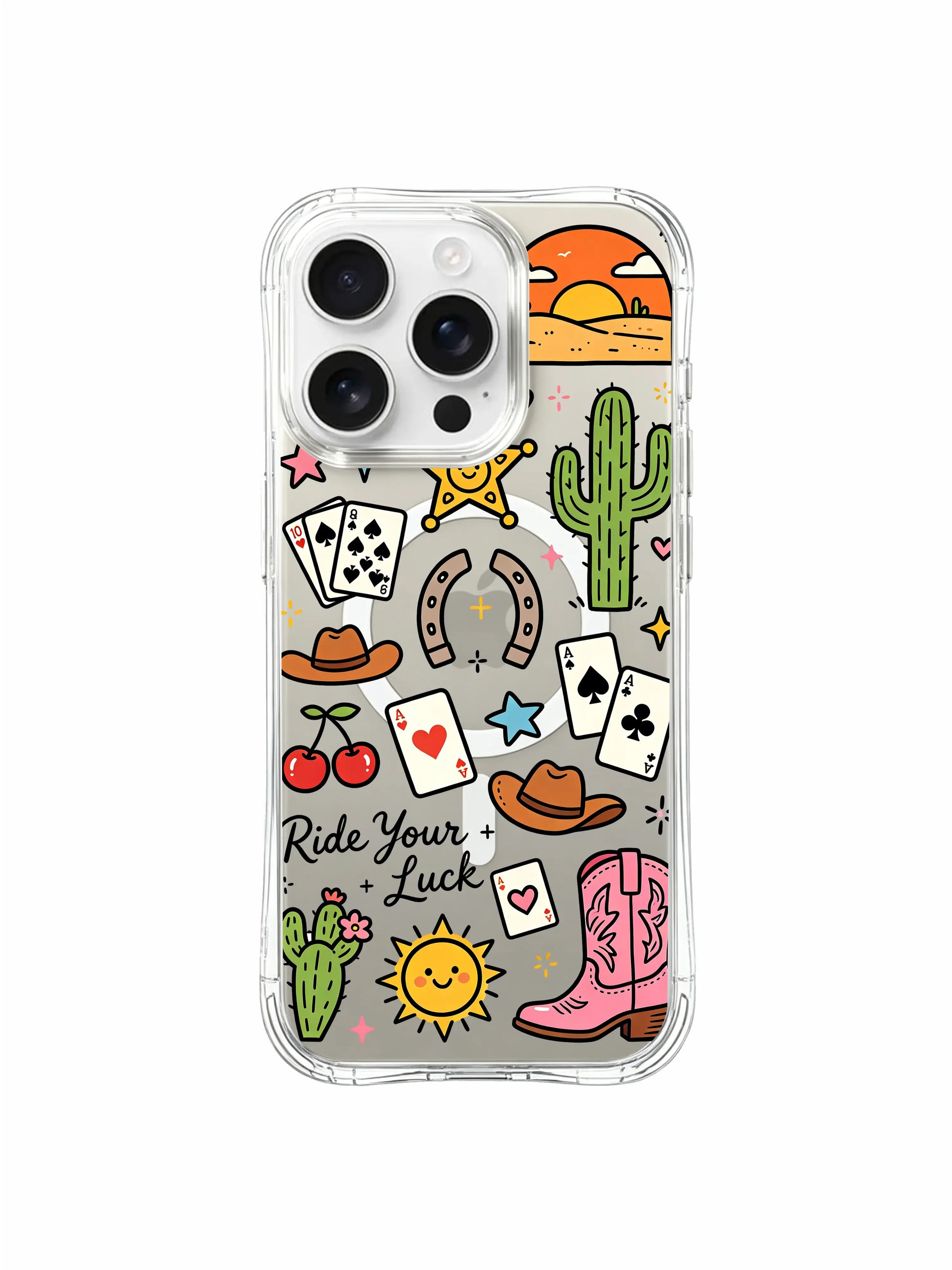 PhoneCasing iPhone 16 pro max anti-yellowing case with cherry and horseshoe lucky motifs, western style.