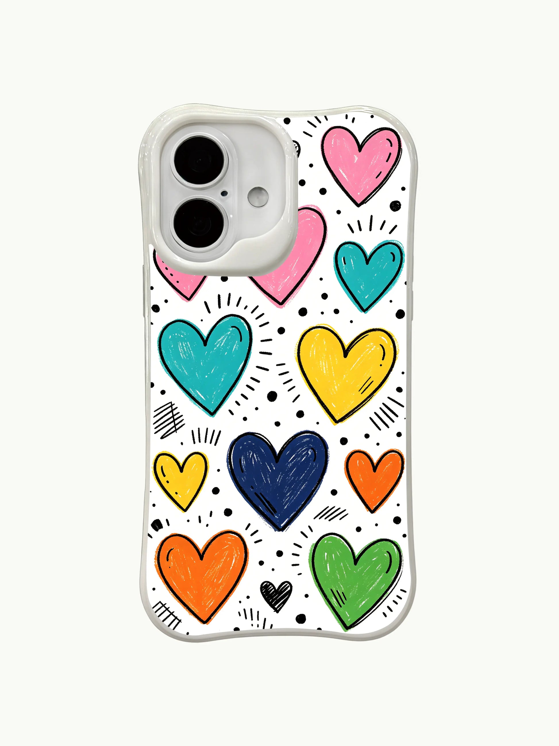 PhoneCasing Childhood Doodle Exercise Case for iPhone 16 Plus, a fun iPhone 16 plus casing with hand-drawn hearts and pencil stroke details.