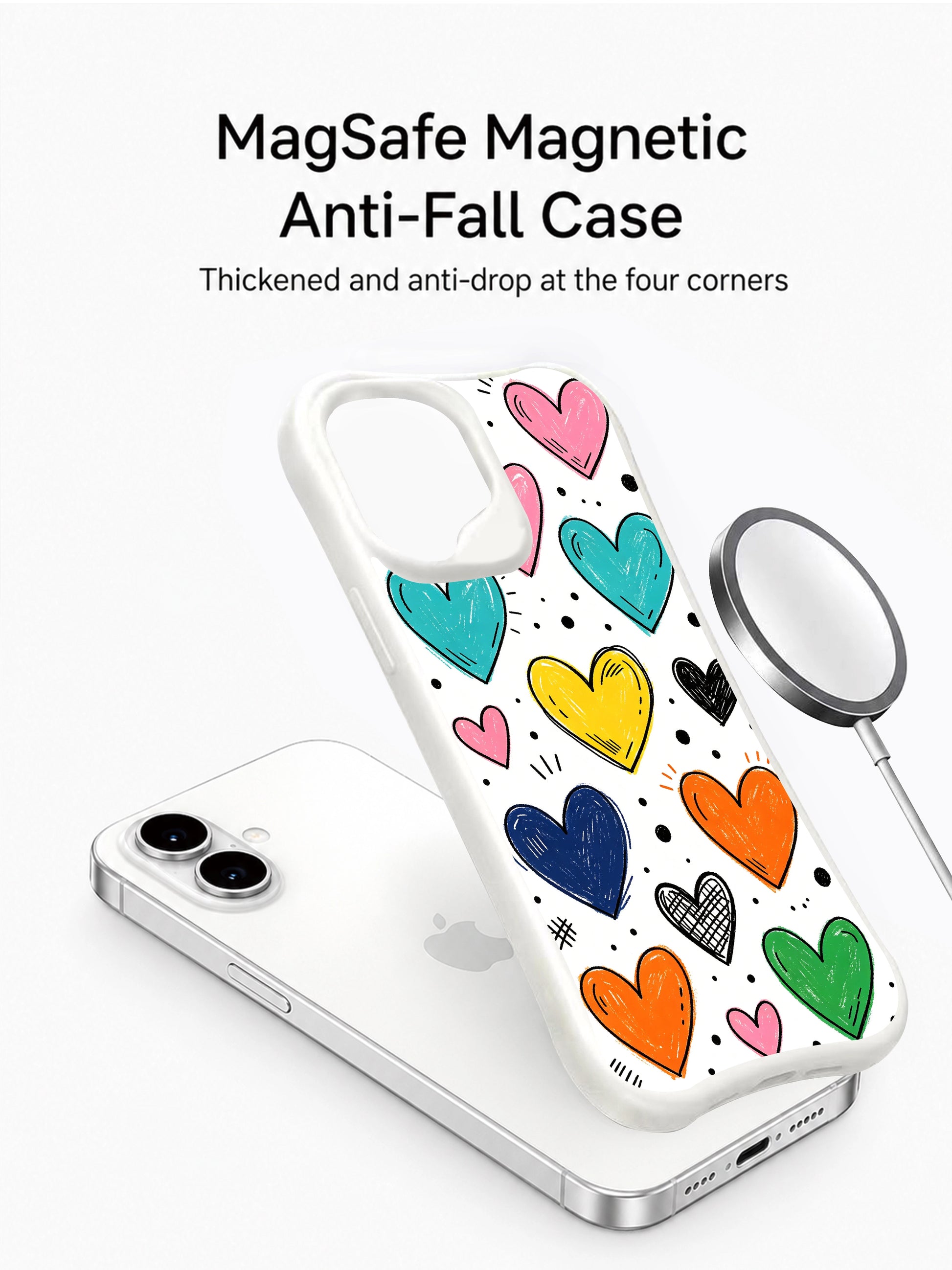 PhoneCasing Childhood Heart Doodles Case for iPhone 16 Plus, a nostalgic iPhone 16 plus casing with colorful hand-drawn hearts and sketch accents.