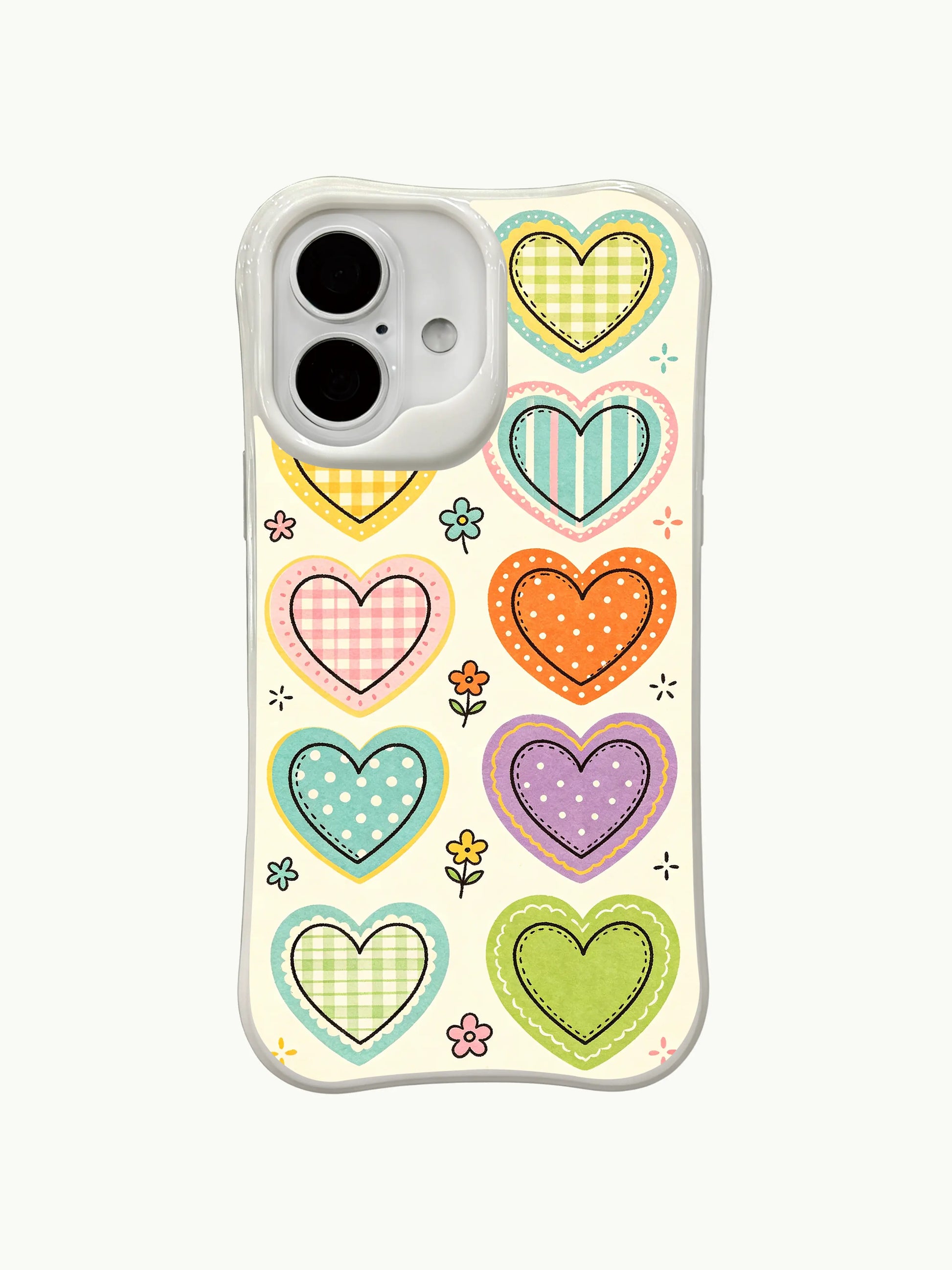 PhoneCasing Childhood Heart Stickers Case for iPhone 16 Plus, a playful iPhone 16 plus casing with pastel heart doodles and tiny flowers.