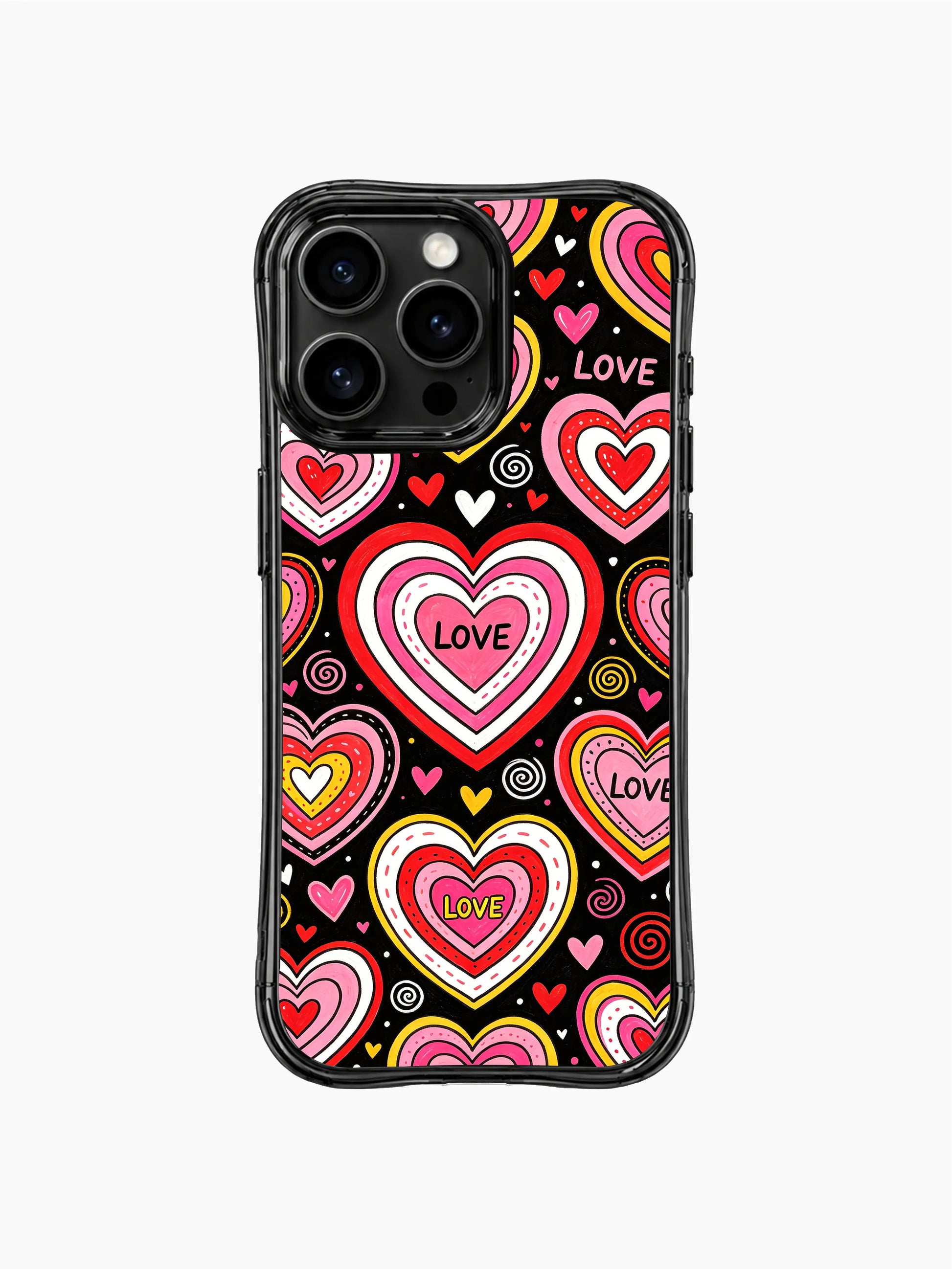 PhoneCasing iPhone 13 Pro Max case unpolished kid-style chalk sketch finish on all layered candy heart edges, tiny dot sprinkle embellishments, laid-back sugary youthful artistic casing.
