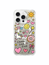 Choose Love First Unicorn artwork on an iPhone 16 Pro Max case