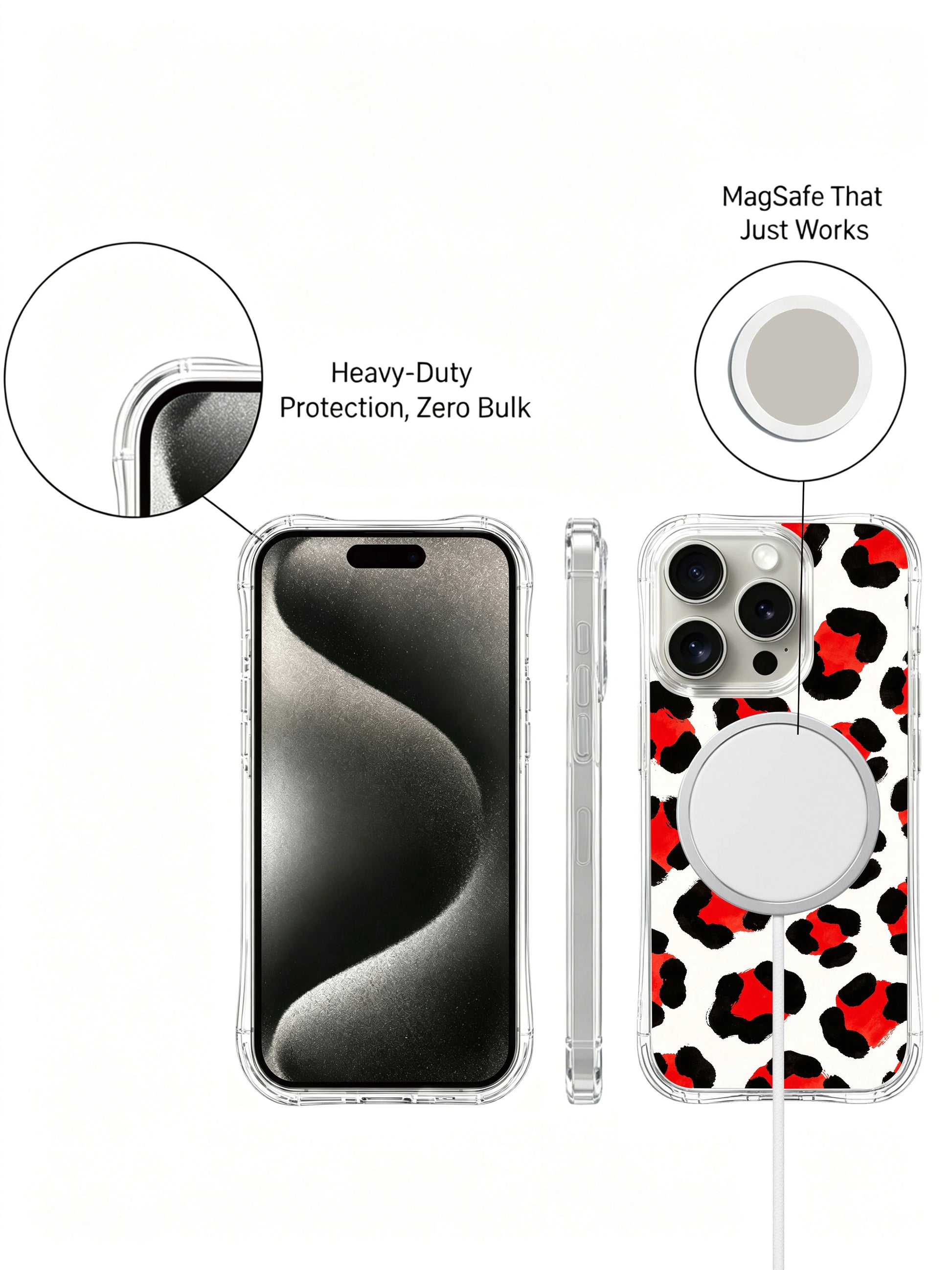 Clean minimalist bold red berry leopard iPhone 14 Pro Case by PhoneCasing, high contrast red & black wild print on plain white backdrop, limited edition wearable art casing for casual & streetwear outfits