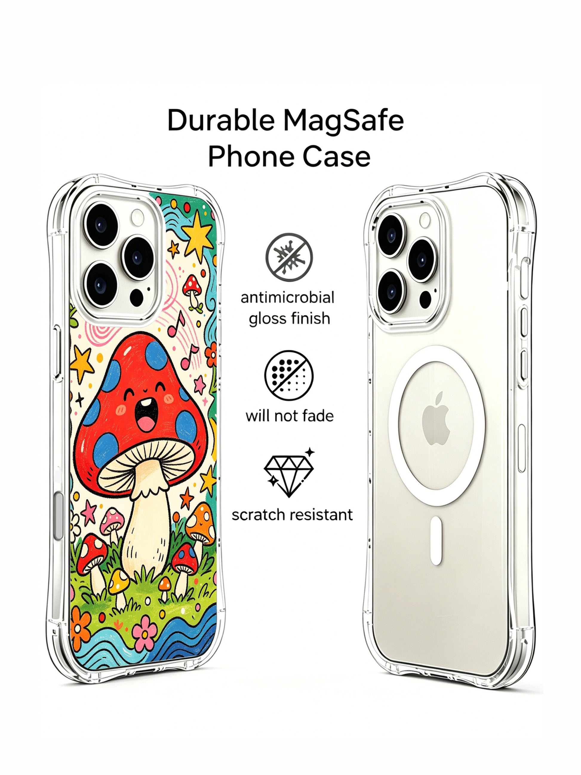 PhoneCasing iPhone 16 pro max Case, scratch-resistant anti-fade fine art casing with wink-eyed singing red mushroom and flowing pink musical staff, exclusive Luna Moss limited-edition wearable casing made in California factory