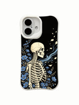 PhoneCasing close-up detail drifting blue petal rib skeleton ink art iPhone 16 Case, intricate sky-blue wildflower vines flowing around skeletal ribs, antimicrobial anti-scuff premium iPhone 16 cover