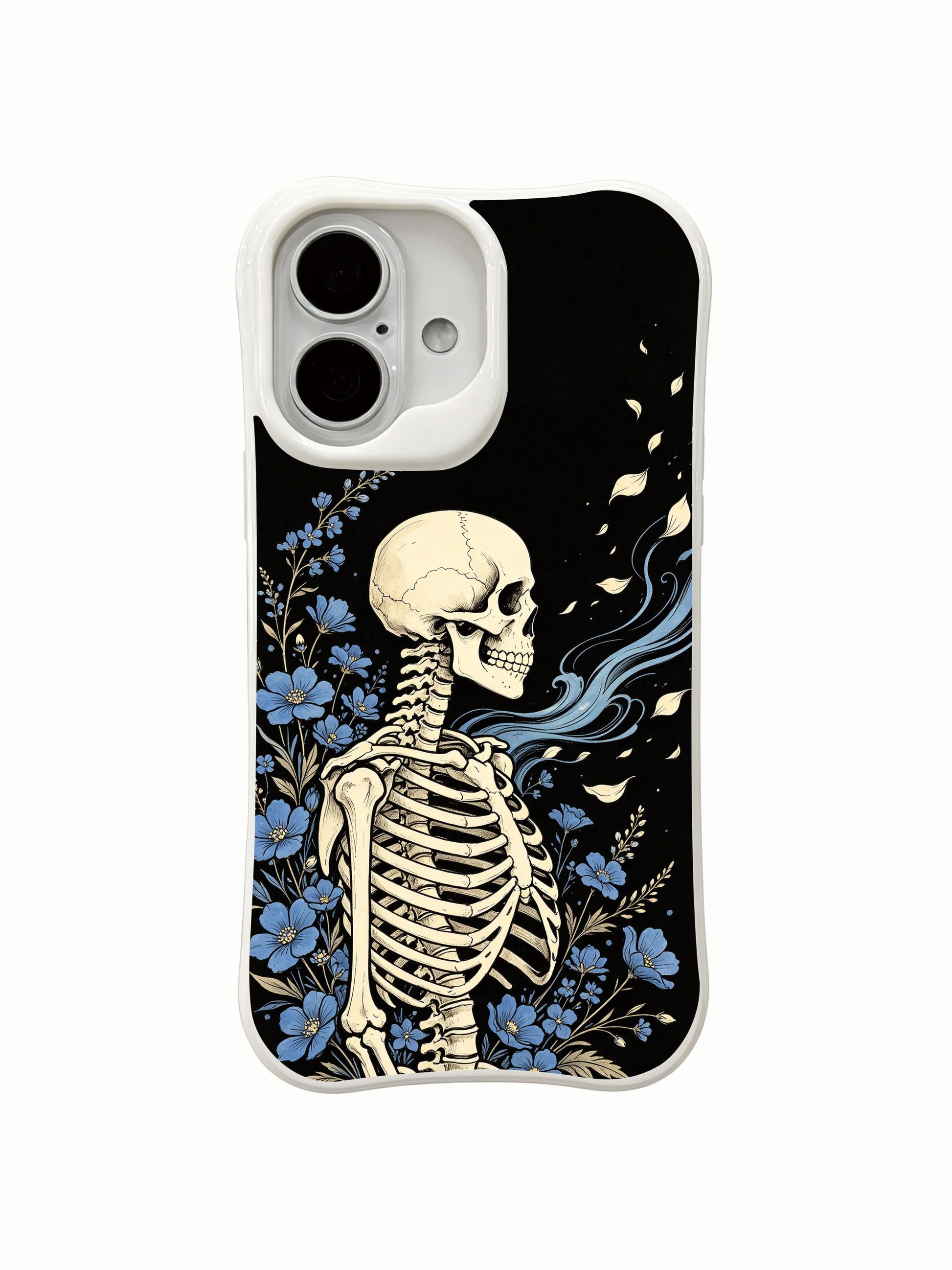 PhoneCasing close-up detail drifting blue petal rib skeleton ink art iPhone 16 Case, intricate sky-blue wildflower vines flowing around skeletal ribs, antimicrobial anti-scuff premium iPhone 16 cover