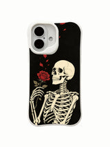 PhoneCasing close-up detail drifting rose petal skeleton ink art iPhone 16 Case, intricate single red rose & skeletal hand detailing, antimicrobial anti-scuff premium iPhone 16 cover