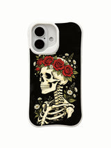 PhoneCasing close-up detail flower crown skull ink art iPhone 16 Case, intricate rose and daisy crown detailing on skeletal head, antimicrobial anti-scuff premium iPhone 16 cover