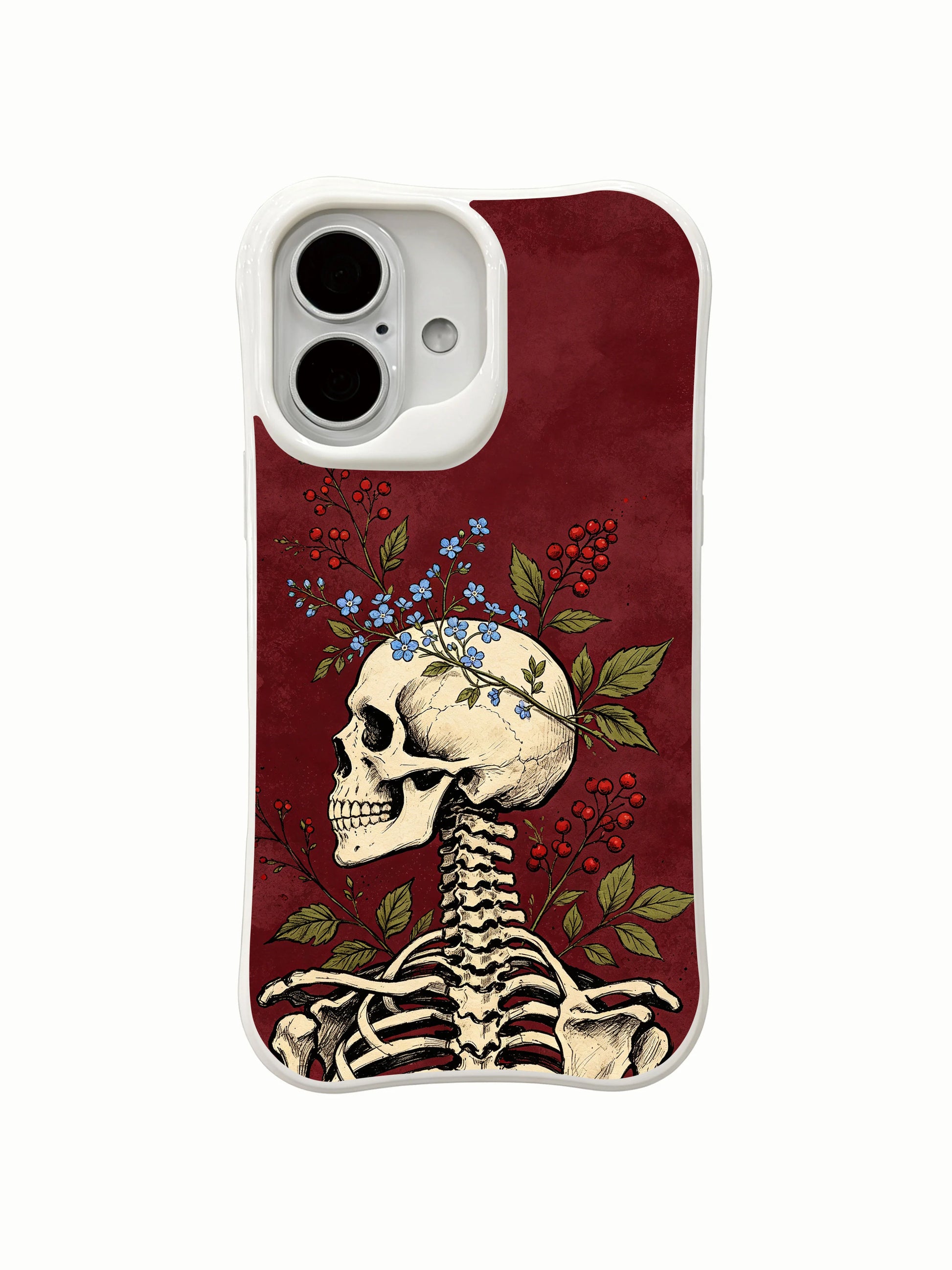 PhoneCasing close-up detail forget-me-not skull ink art iPhone 16 Case, intricate berry and blue flower wreath detail, antimicrobial anti-scuff premium iPhone 16 cover