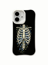 PhoneCasing close-up detail glowing blue star flower rib skeleton ink art iPhone 16 Case, intricate vine & tiny blue bloom winding around rib bones, antimicrobial anti-scuff premium iPhone 16 cover