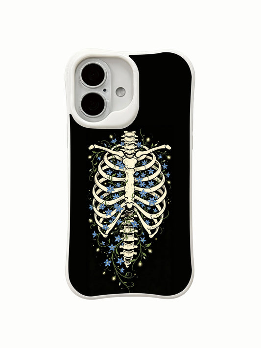 PhoneCasing close-up detail glowing blue star flower rib skeleton ink art iPhone 16 Case, intricate vine & tiny blue bloom winding around rib bones, antimicrobial anti-scuff premium iPhone 16 cover