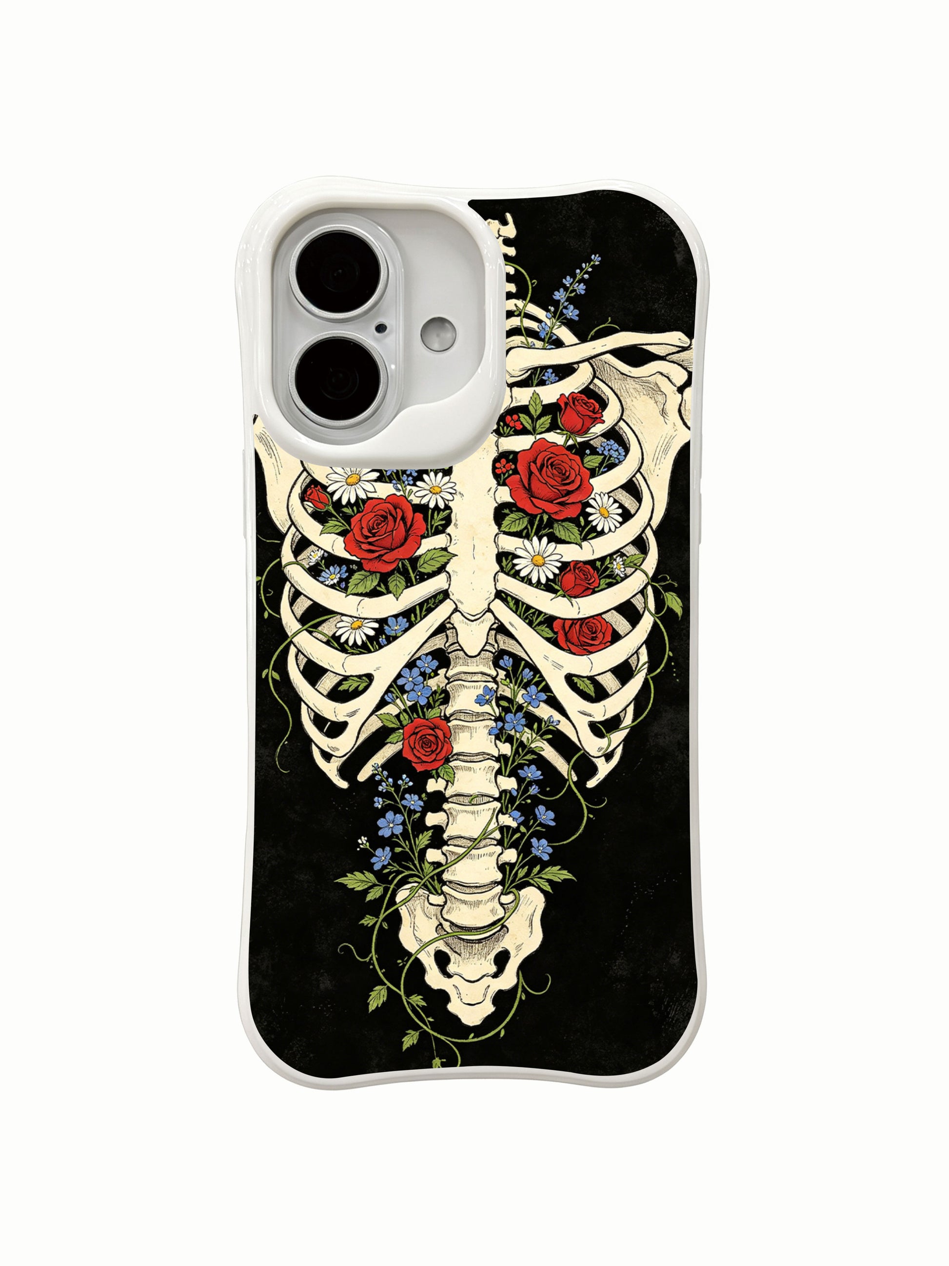 PhoneCasing close-up detail intercage mixed bloom rib skeleton ink art iPhone 16 Case, intricate rose, daisy and blue flower vines winding inside skeletal ribs, antimicrobial anti-scuff premium iPhone 16 cover