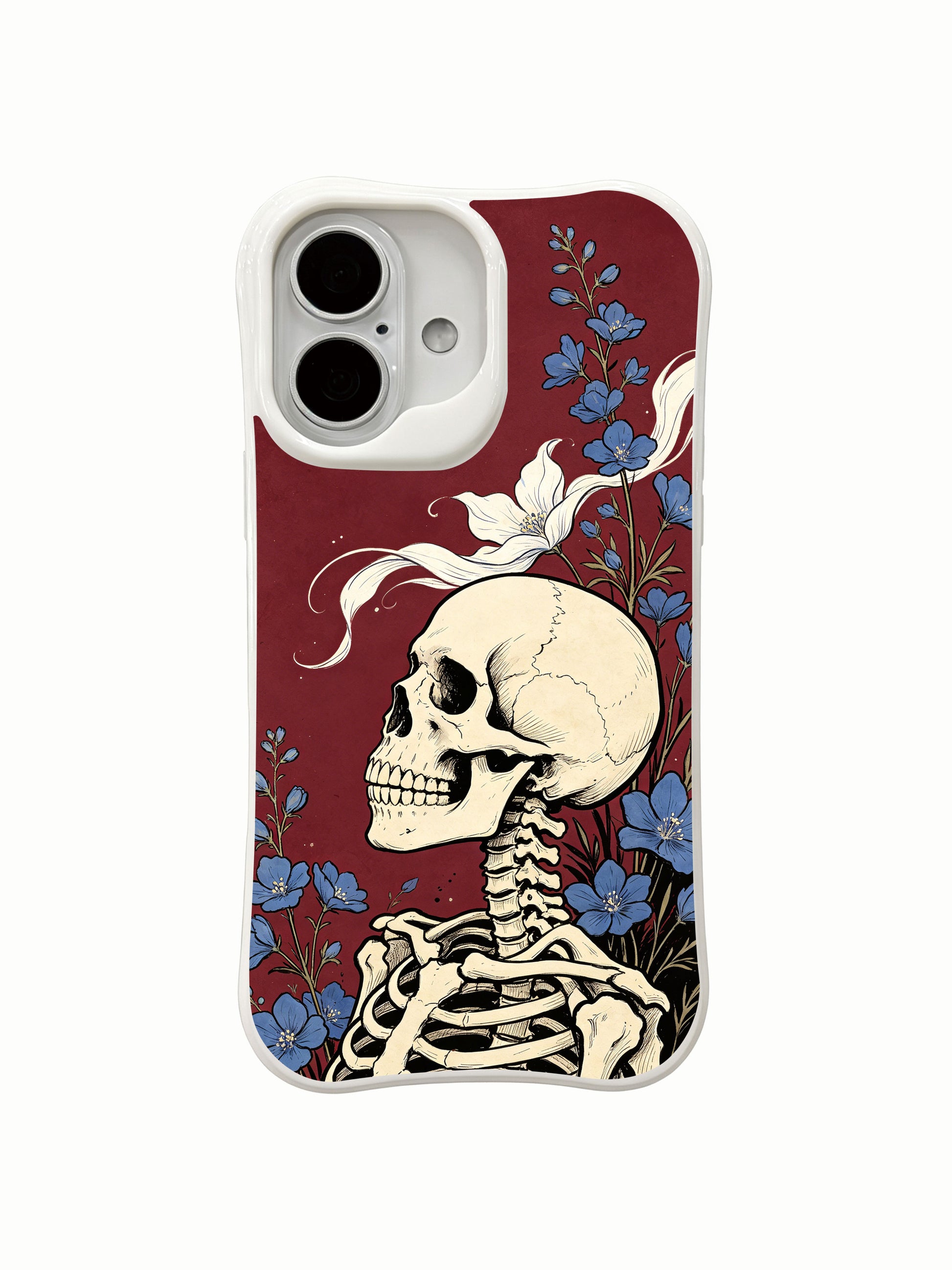 PhoneCasing close-up detail seabreeze bone flower ink art iPhone 16 Case, intricate drifting petal & blue blossom detail, antimicrobial anti-scuff premium iPhone 16 cover