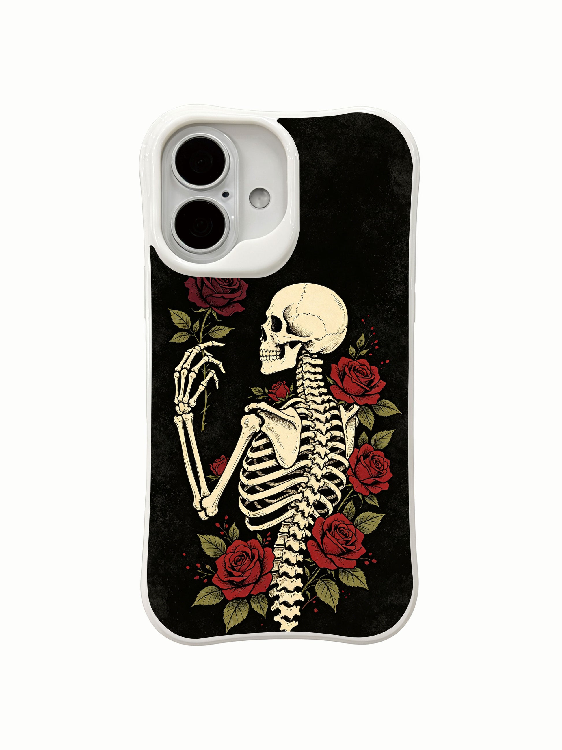 PhoneCasing close-up detail thorny red rose bony hand skeleton ink art iPhone 16 Case, intricate vintage rose blooms winding around skeletal fingers, antimicrobial anti-scuff premium iPhone 16 cover
