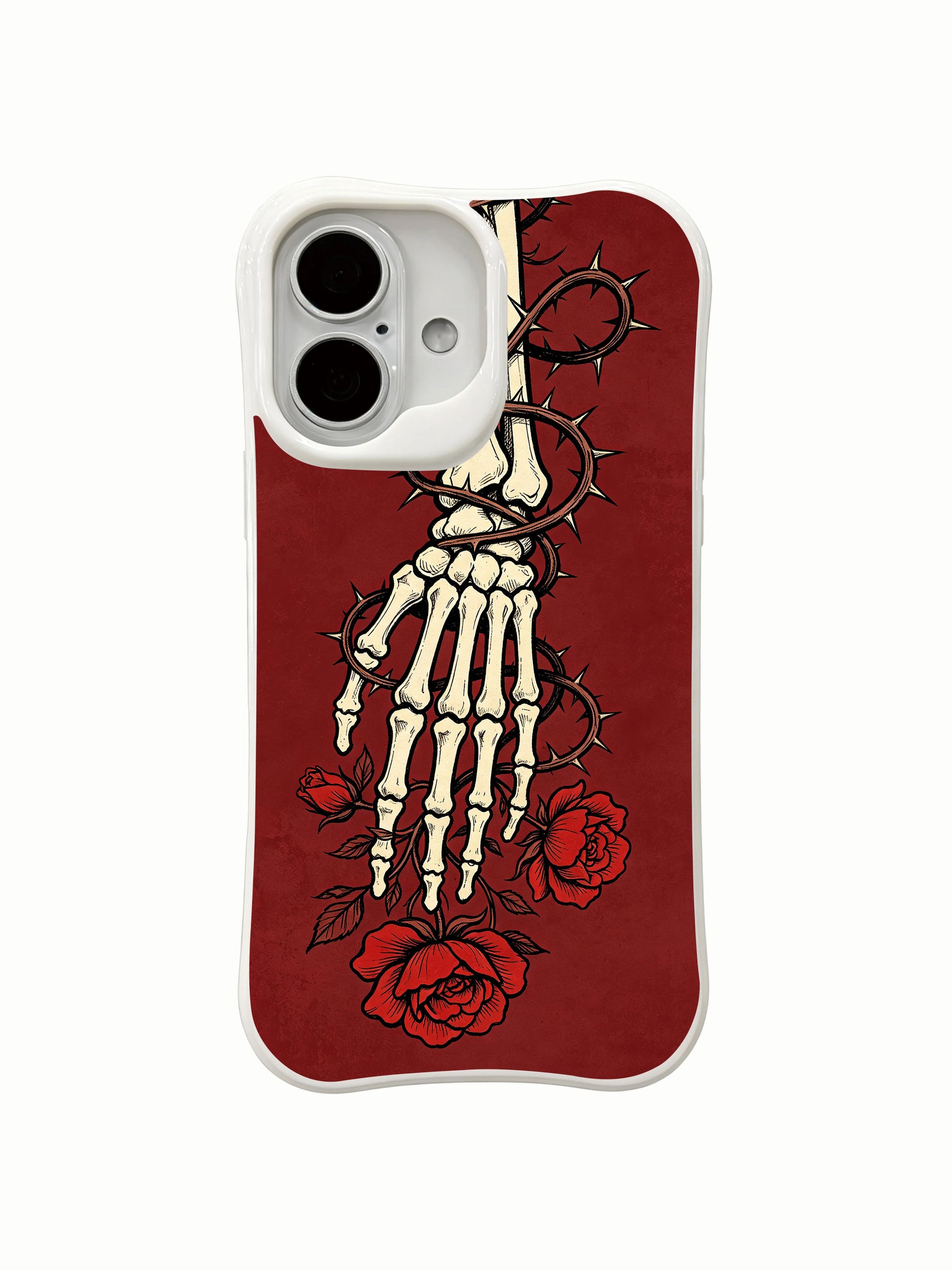 PhoneCasing close-up detail thorn wrapped skeletal wrist ink art iPhone 16 Case, intricate thorny vine and crimson rose detail, antimicrobial anti-scuff premium iPhone 16 cover