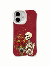 Close-up skeleton with floating rose petals on an iPhone 16 case