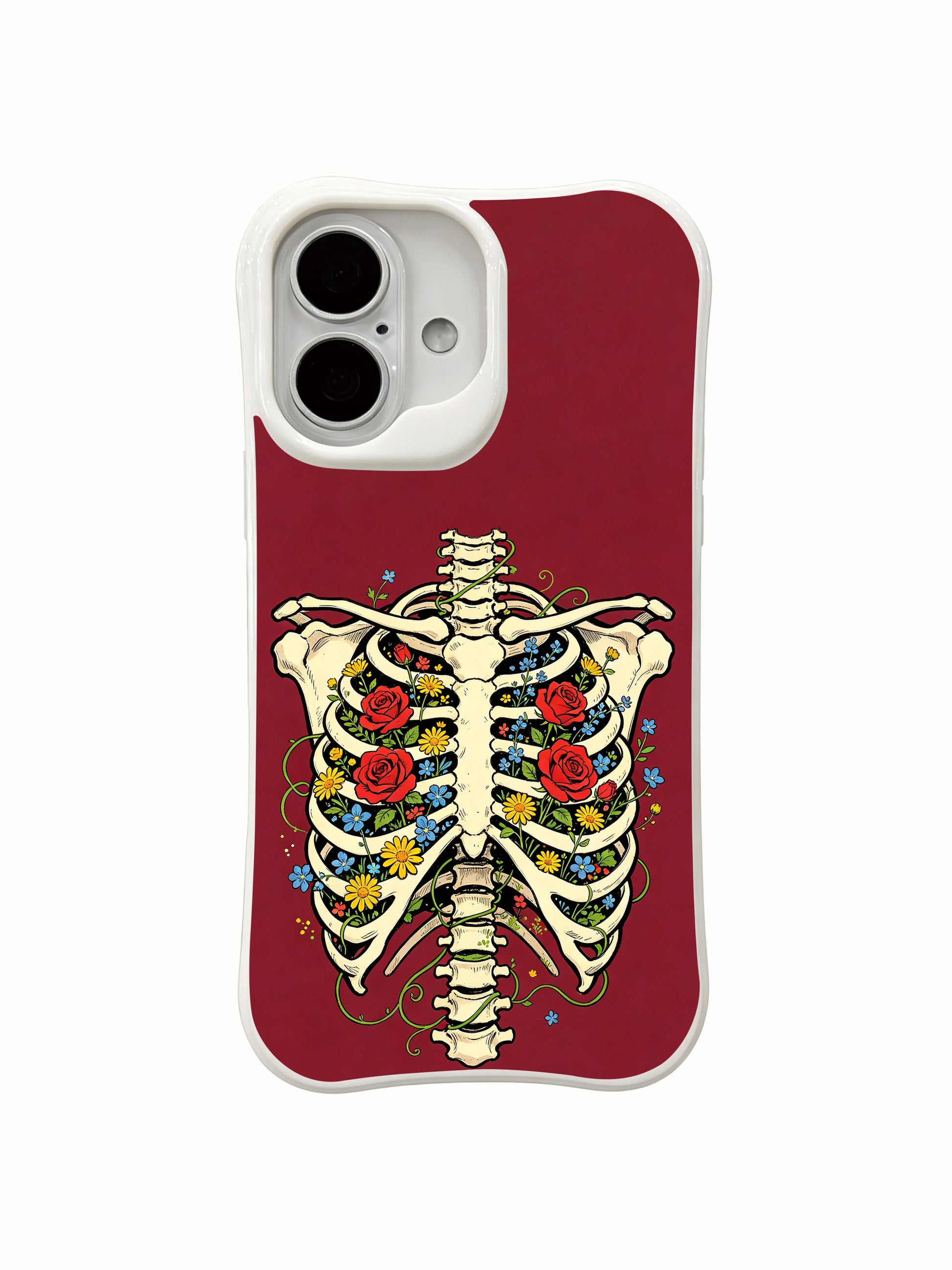 PhoneCasing close-up red rose daisy blue wildflower blooming inside skeletal ribcage iPhone 16 Case, exclusive limited-run Morrigan Vale premium iPhone 16 casing