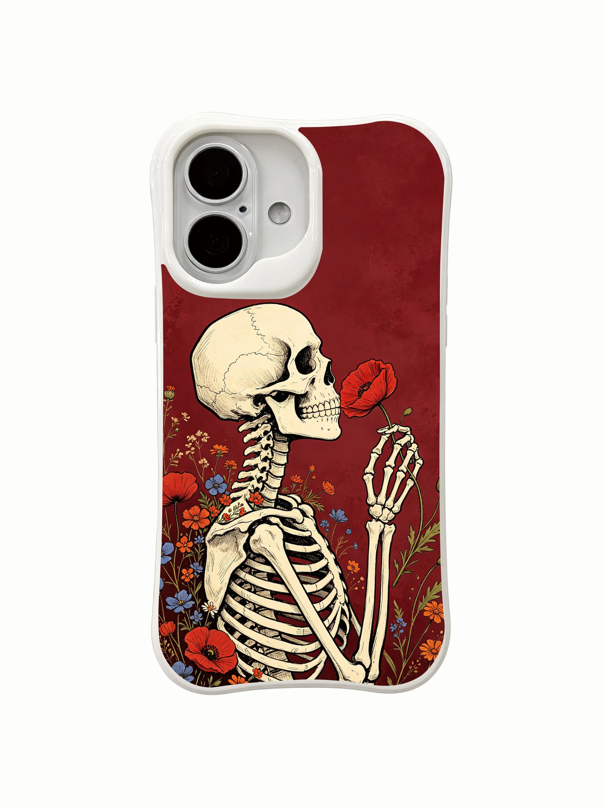 PhoneCasing close-up skeleton smelling red poppy fine art iPhone 16 Case, exclusive limited-run Morrigan Vale premium iPhone 16 casing