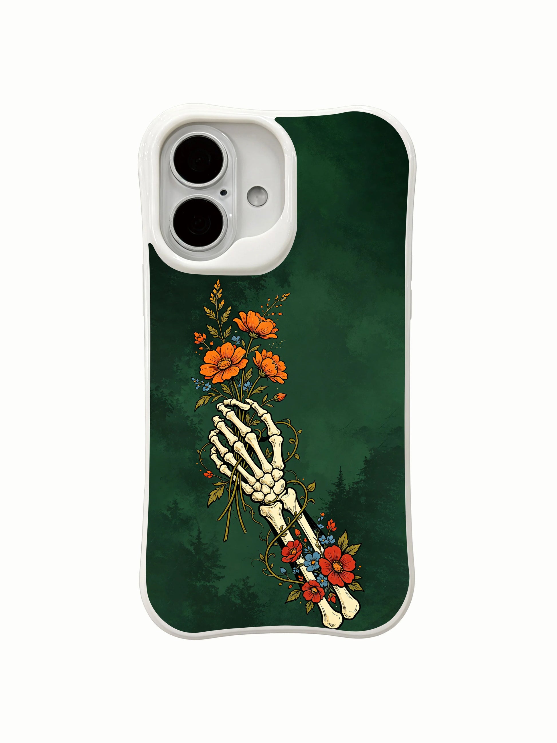 PhoneCasing close-up winding vines wrapping skeletal arm with mixed colorful blooms iPhone 16 Case, exclusive limited-run Morrigan Vale premium iPhone 16 casing