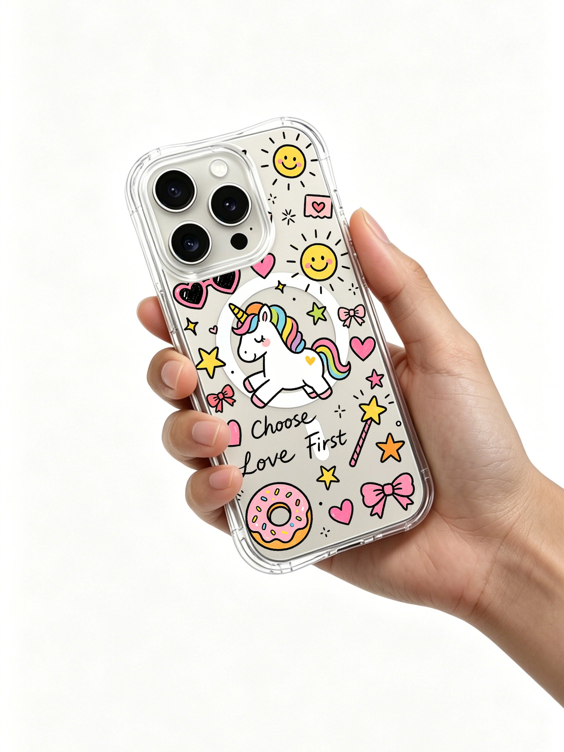 PhoneCasing iPhone 16 pro max slim ergonomic case with cloud accents, gentle unicorn and envelope motifs for cozy self-love aesthetic.