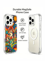 PhoneCasing iPhone 16 pro max Case, scratch-resistant UV-printed art casing with soft white clouds & spiral sun across deep teal sky, clustered mushroom cottages anchored by windmill tower, winding dirt trail weaving through blooming garden, limited-edition wearable art exclusively from PhoneCasing California production facility.
