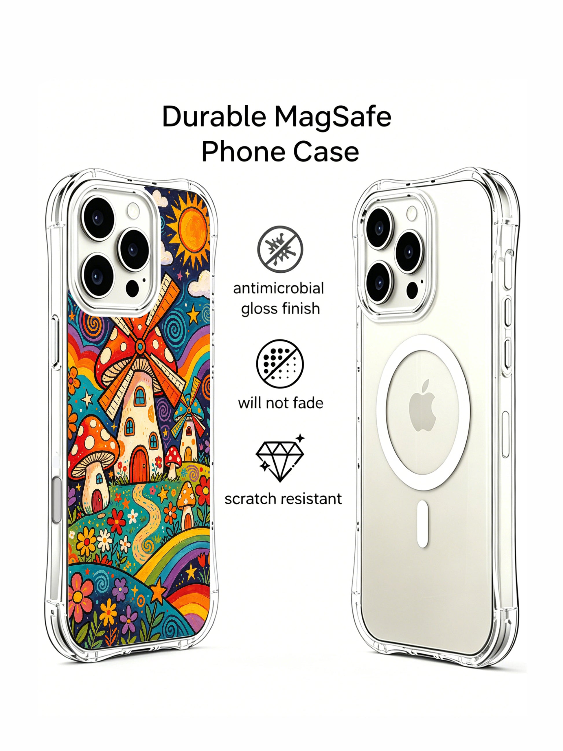 PhoneCasing iPhone 16 pro max Case, scratch-resistant fade-proof art casing with soft white clouds & spiral sun across deep teal sky, clustered mushroom cottages anchored by windmill tower, winding dirt trail weaving through blooming garden, limited-edition wearable art exclusively from PhoneCasing California workshop.