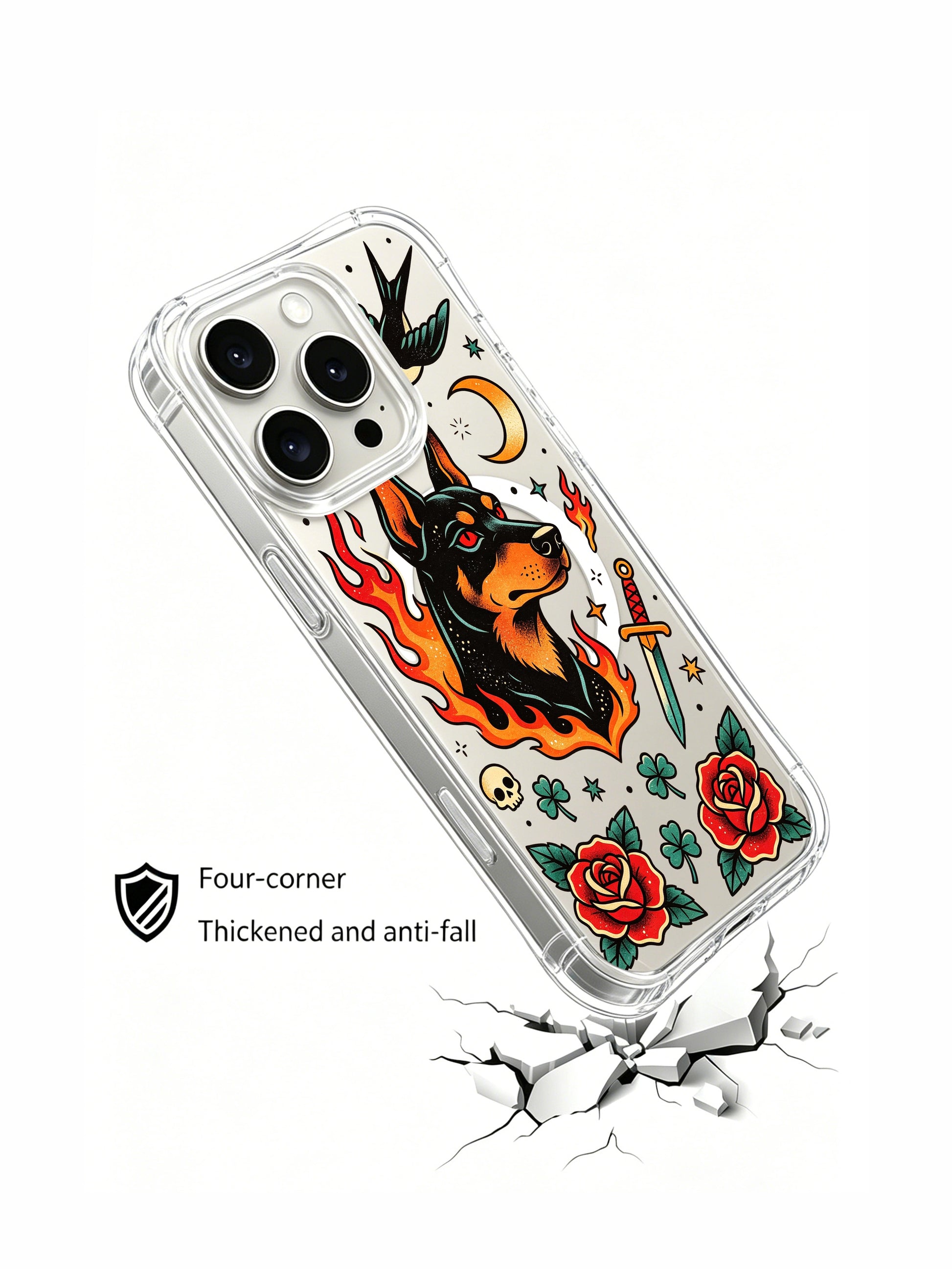 PhoneCasing iPhone 15 pro Case designed with lucky four-leaf clover doberman talisman art, wearable spiritual fine art casing hand printed at our California factory.