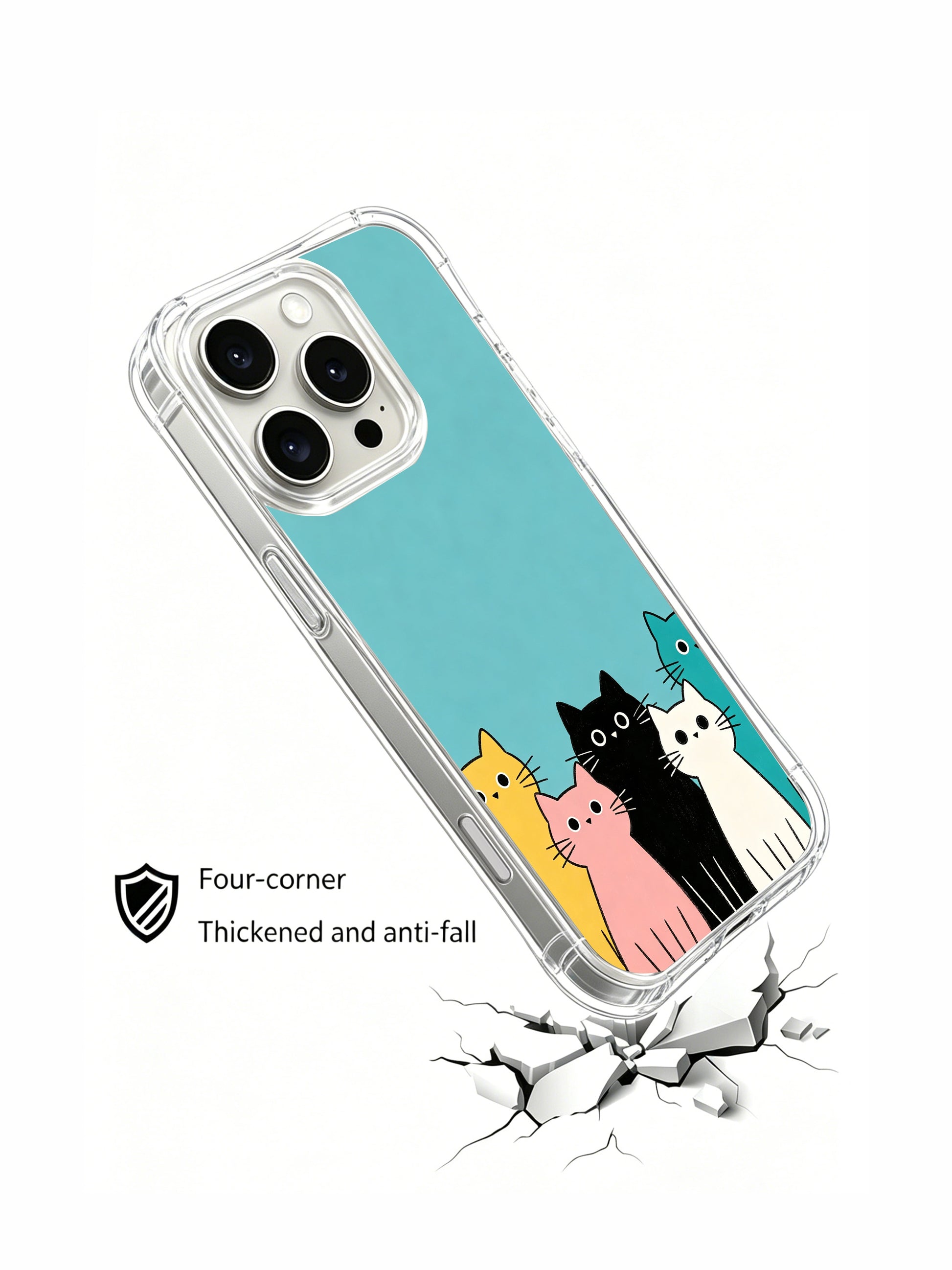 PhoneCasing iPhone 16 pro max clear case showing cats on a bright teal background, capturing fresh, vacation-like calm.