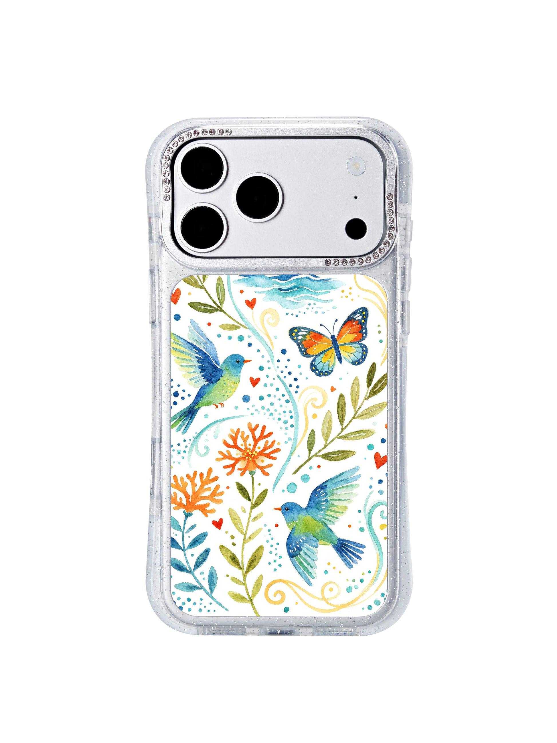PhoneCasing official Aurelia Finch artist collab iphone 17 pro Max casing featuring Coastal Dot Garden folk watercolor art, ocean blue wave dots, teal songbirds, monarch butterflies, coral foliage and warm wildflowers for coastal cottagecore everyday style.