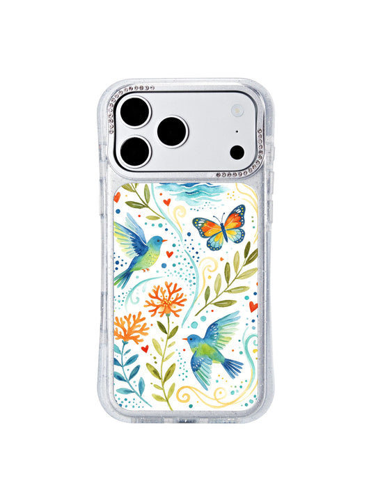 PhoneCasing official Aurelia Finch artist collab iphone 17 pro Max casing featuring Coastal Dot Garden folk watercolor art, ocean blue wave dots, teal songbirds, monarch butterflies, coral foliage and warm wildflowers for coastal cottagecore everyday style.