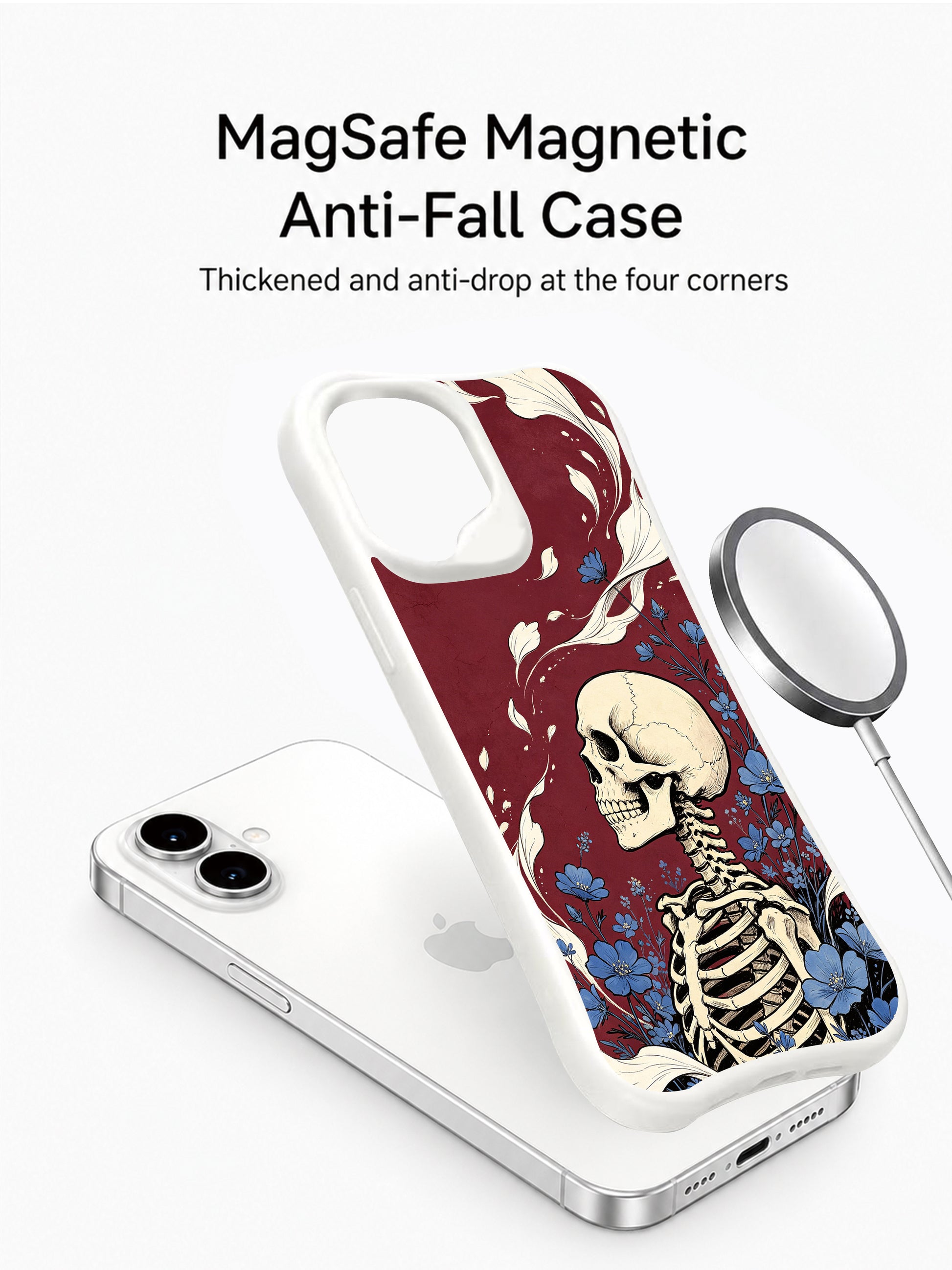 PhoneCasing Coastal Soul Release spiritual goth iPhone 16 Case, hand-drawn skeleton surrounded by wind-swept blue blooms, antimicrobial smooth finish durable iPhone 16 casing