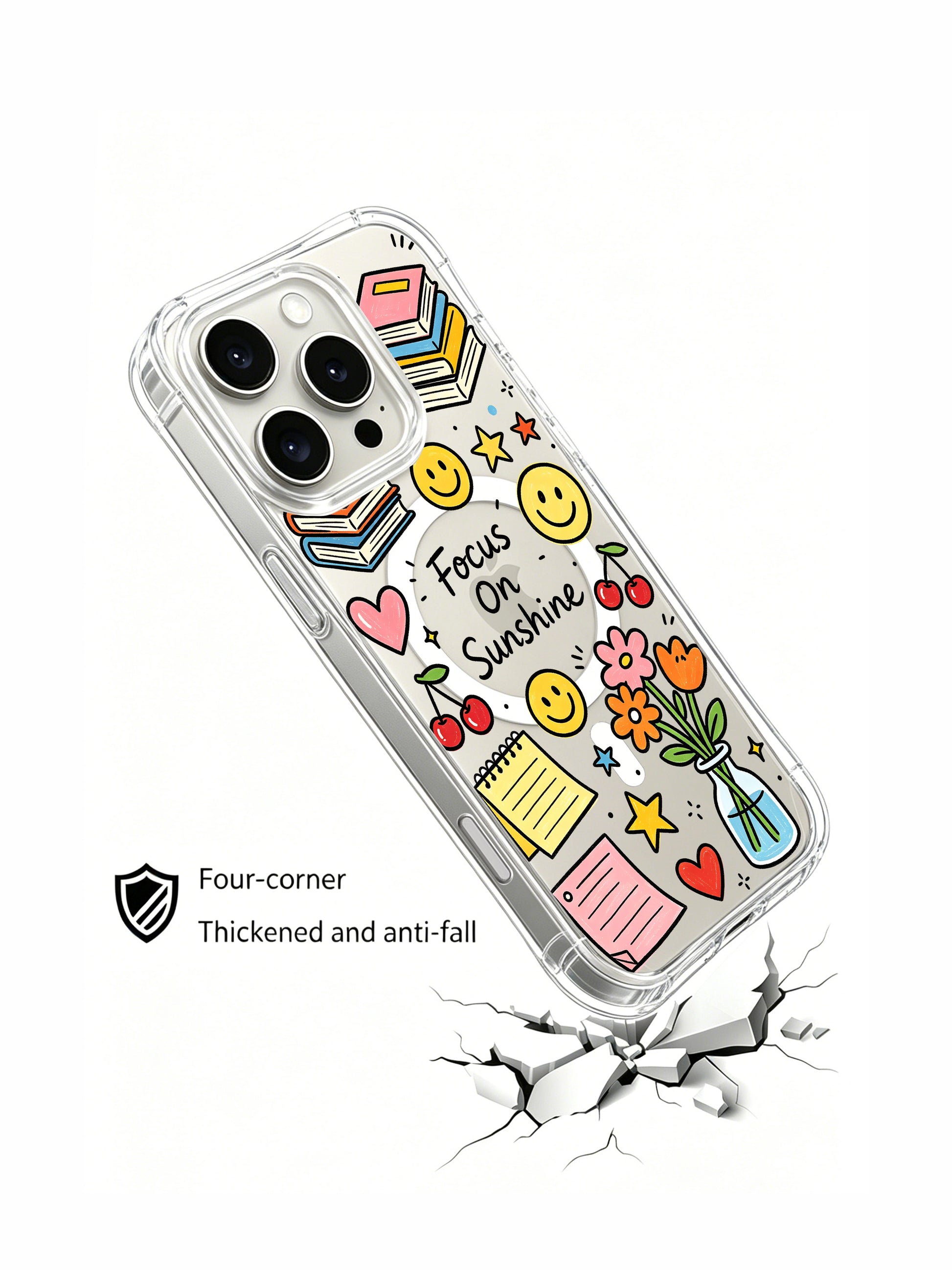 PhoneCasing iPhone 16 pro max drop-proof MagSafe case with coffee mug, book stacks, sticky notes and cheerful sun-inspired sticker collage.